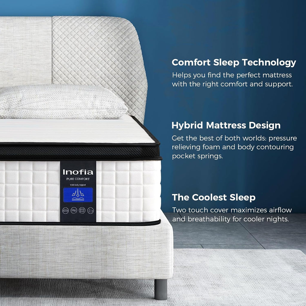 Inofia Full Mattress 10 Inch - Multilayer Hybrid Full Size Mattress in a Box, Memory Foam and Pocket Spring Mattress with Dual Knitted Fabrics for Cool Comfy Sleep, Full Size, 10''
