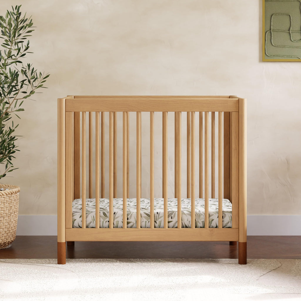 Babyletto Gelato 4-in-1 Convertible Mini Crib with Toddler Bed Conversion in Honey with Vegan Tan Leather Feet, Greenguard Gold Certified