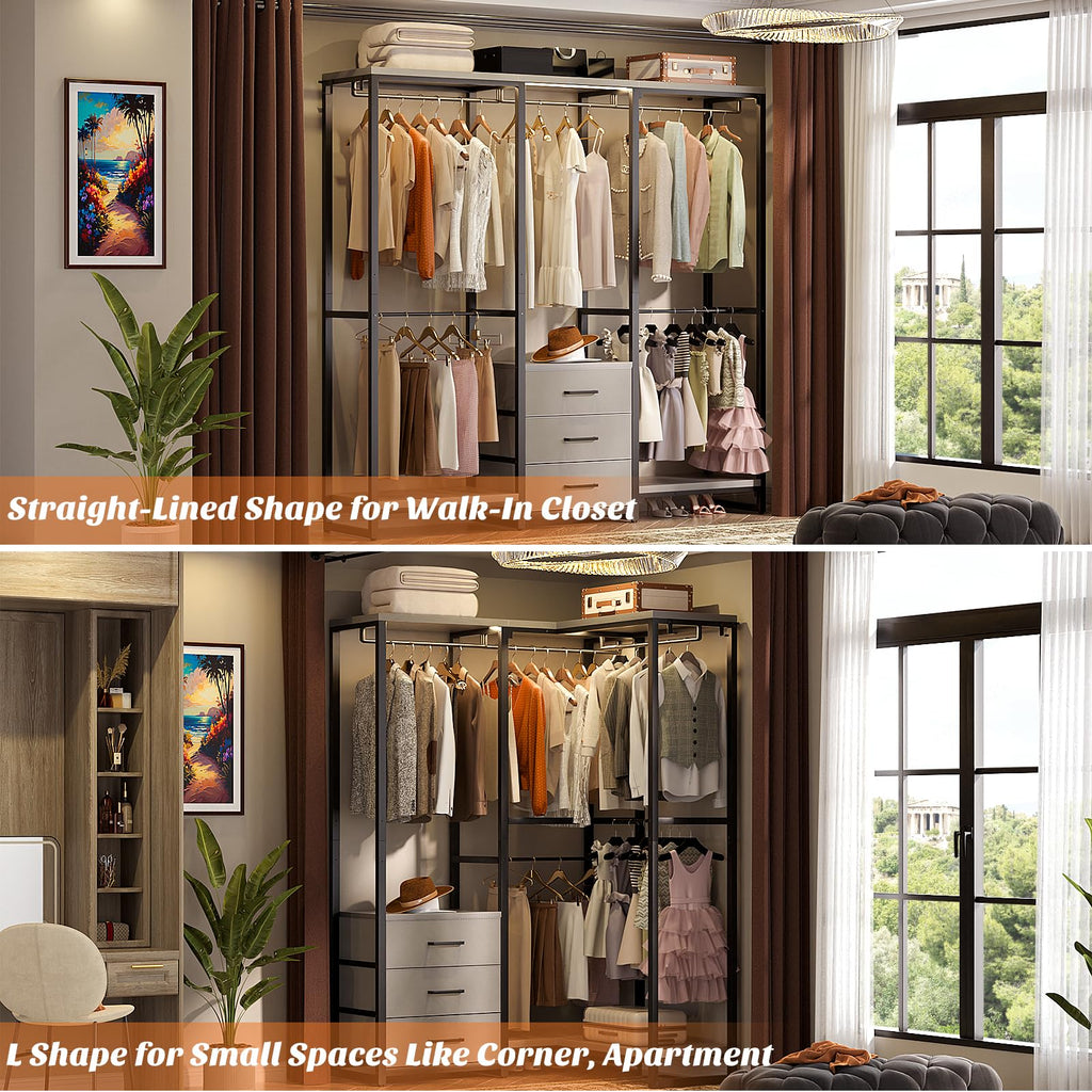 Aheaplus Garment Rack Heavy Duty Clothes Rack for Hanging Clothes,Clothing Rack with Drawers, Wood Stoarge Shelf Freestanding Closet Wardrobe Rack, Corner L Shaped Closet System Organizers, Grey
