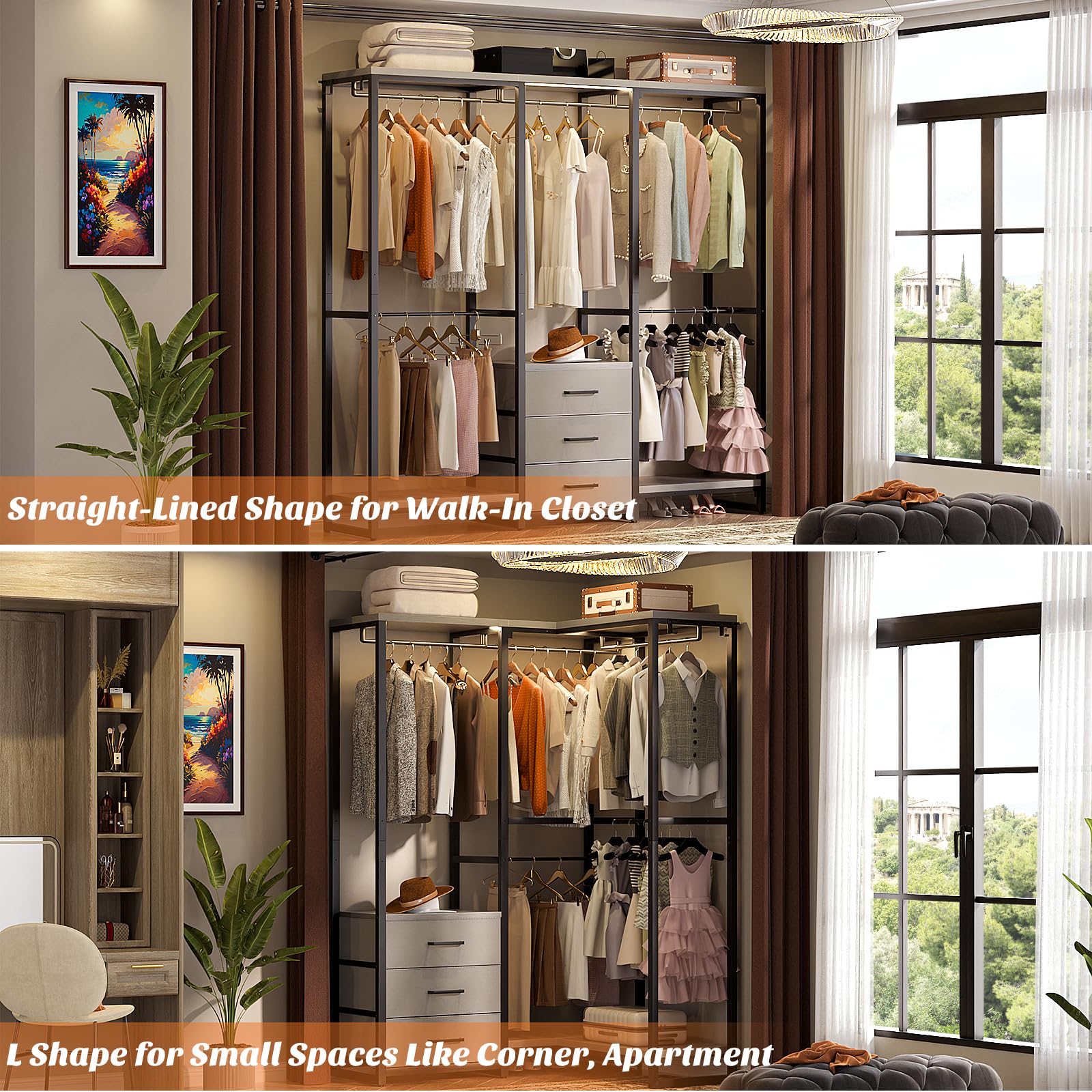 Aheaplus Garment Rack Heavy Duty Clothes Rack for Hanging Clothes,Clothing Rack with Drawers, Wood Stoarge Shelf Freestanding Closet Wardrobe Rack, Corner L Shaped Closet System Organizers, Grey