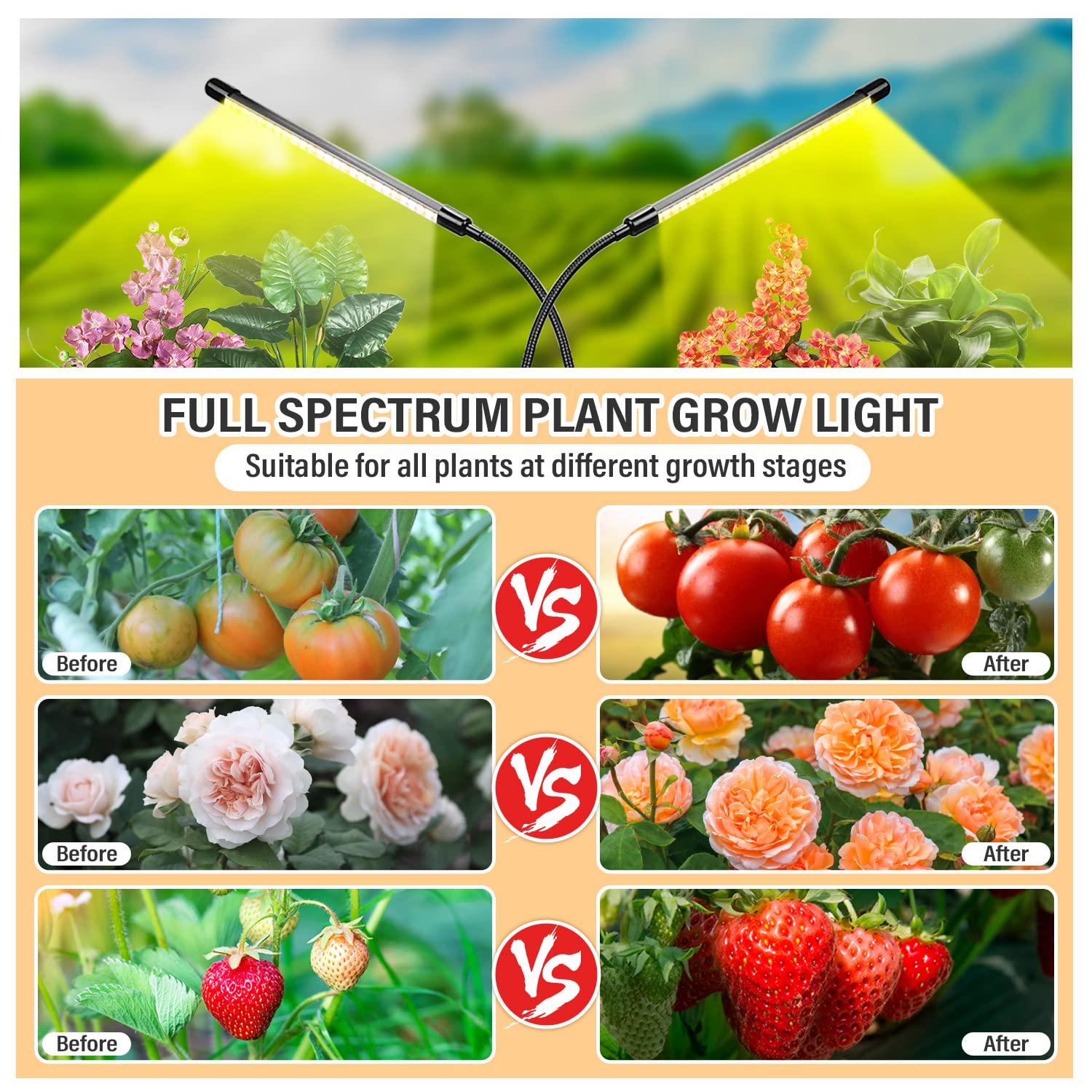 bseah Grow Light Plant Lights for Indoor Plants, Full Spectrum Plant Grow Lamp, 10 Dimmable Levels, Auto ON & Off with 3/9/12H Timer