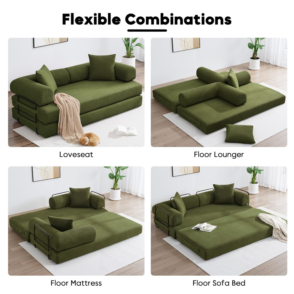 ZEIINPA 59“ Convertible Floor Sofa Bed, 5-in-1 Futon Sofa Bed Pull Out Sleeper Couch, Modern Corduroy Compressed Loveseat, Modular Boneless Couches for Living Room, No Assembly Required, Beige
