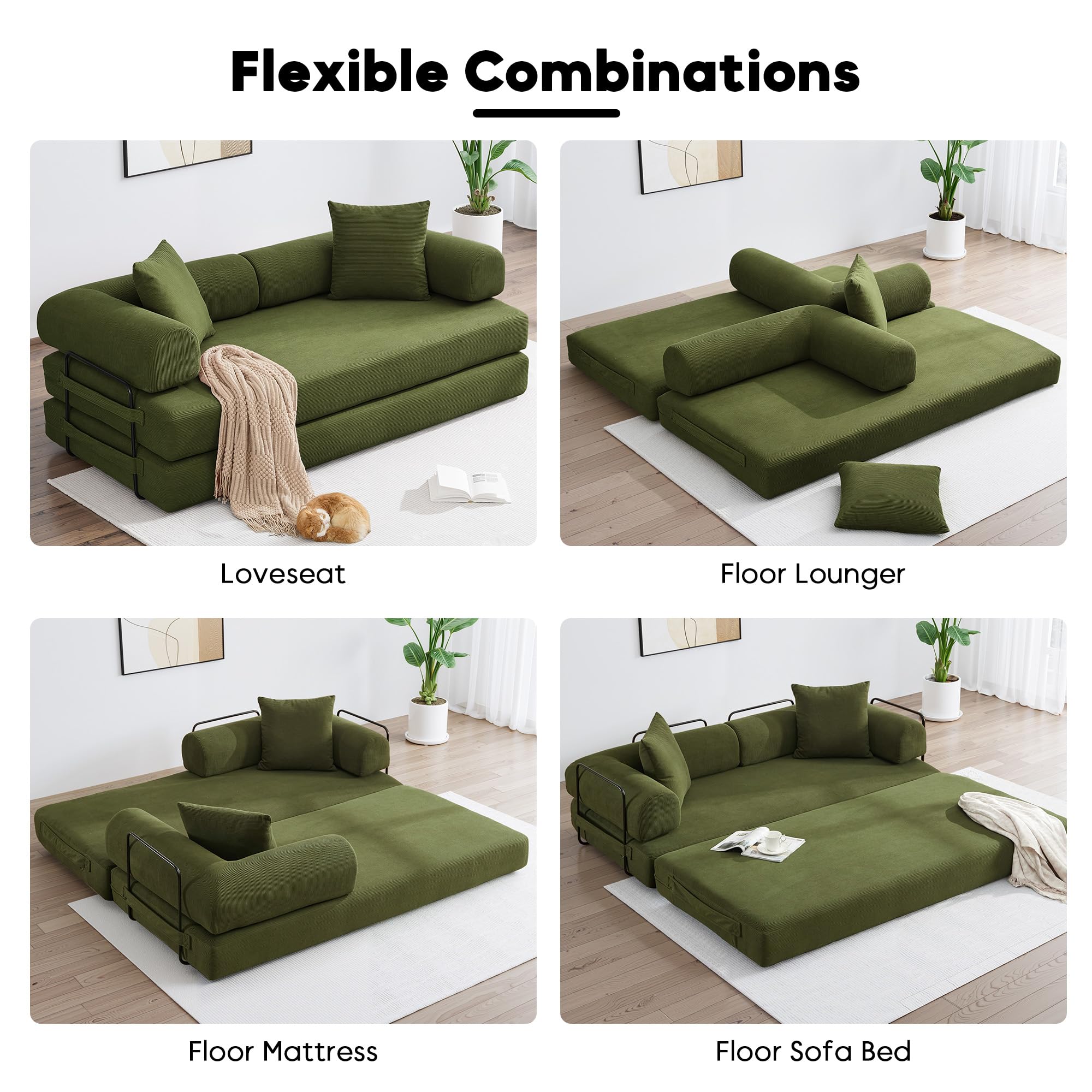 ZEIINPA 59“ Convertible Floor Sofa Bed, 5-in-1 Futon Sofa Bed Pull Out Sleeper Couch, Modern Corduroy Compressed Loveseat, Modular Boneless Couches for Living Room, No Assembly Required, Beige