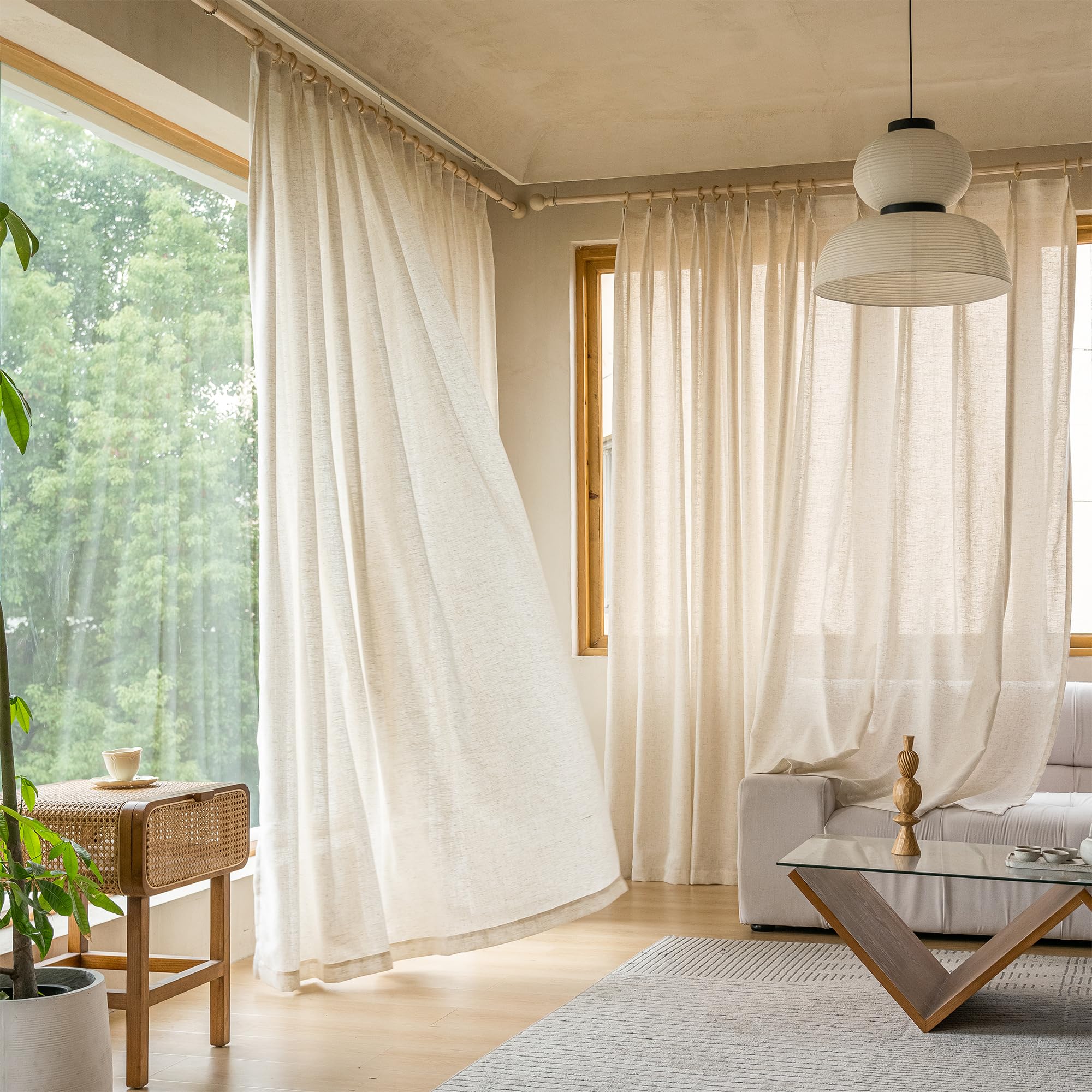 MAIHER Linen Textured Pleated Curtains 63 Inches Long for Living Room, Light Filtering Pinch Pleat Semi Sheer Drapes Curtains with Tieback and Hooks, Natural Linen (1 Panel, 54" W x 63" L)