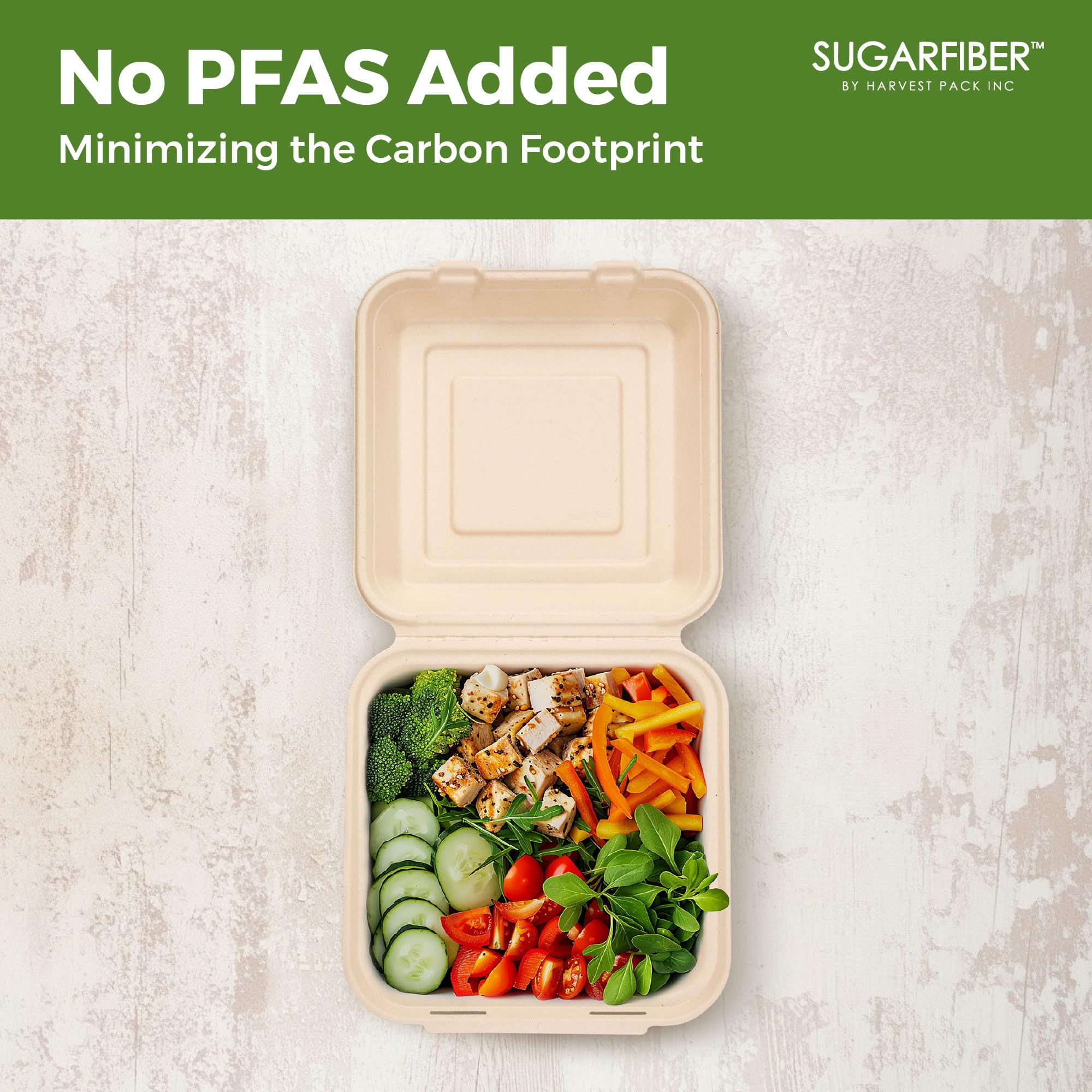[50 COUNT]Harvest Pack 6 X 6" Compostable Clamshell Take Out Food Containers, PFAS FREE Square To go Containers with Lids, Heavy-Duty Disposable Bagasse Bento Cake Box, Eco-Friendly Sugarcane Fibers