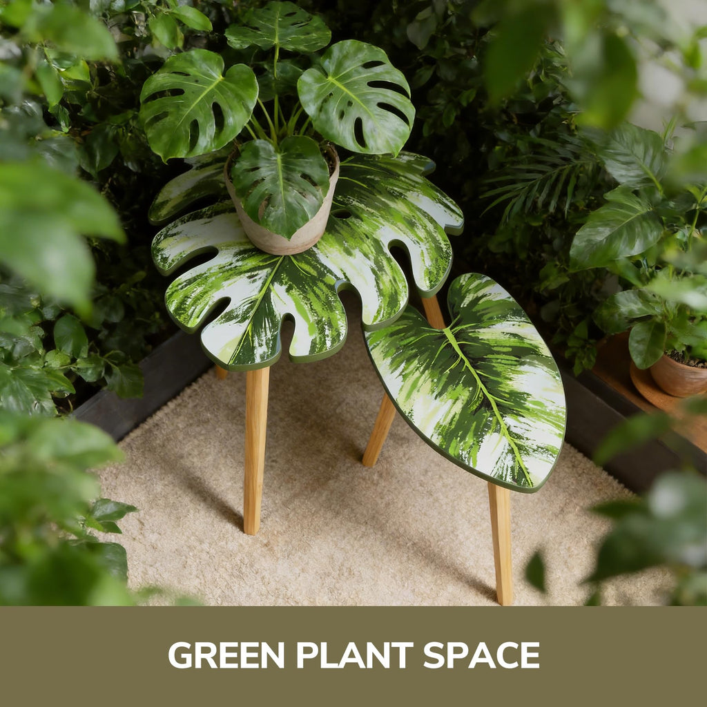 BAMEOS Monstera Leaf Nesting Tables Set of 2, Small Side Tables f Set with Leaf Vein Pattern, Modern Wooden CoffeeTables for Living Room Bedroom Apartment Balcony Yard