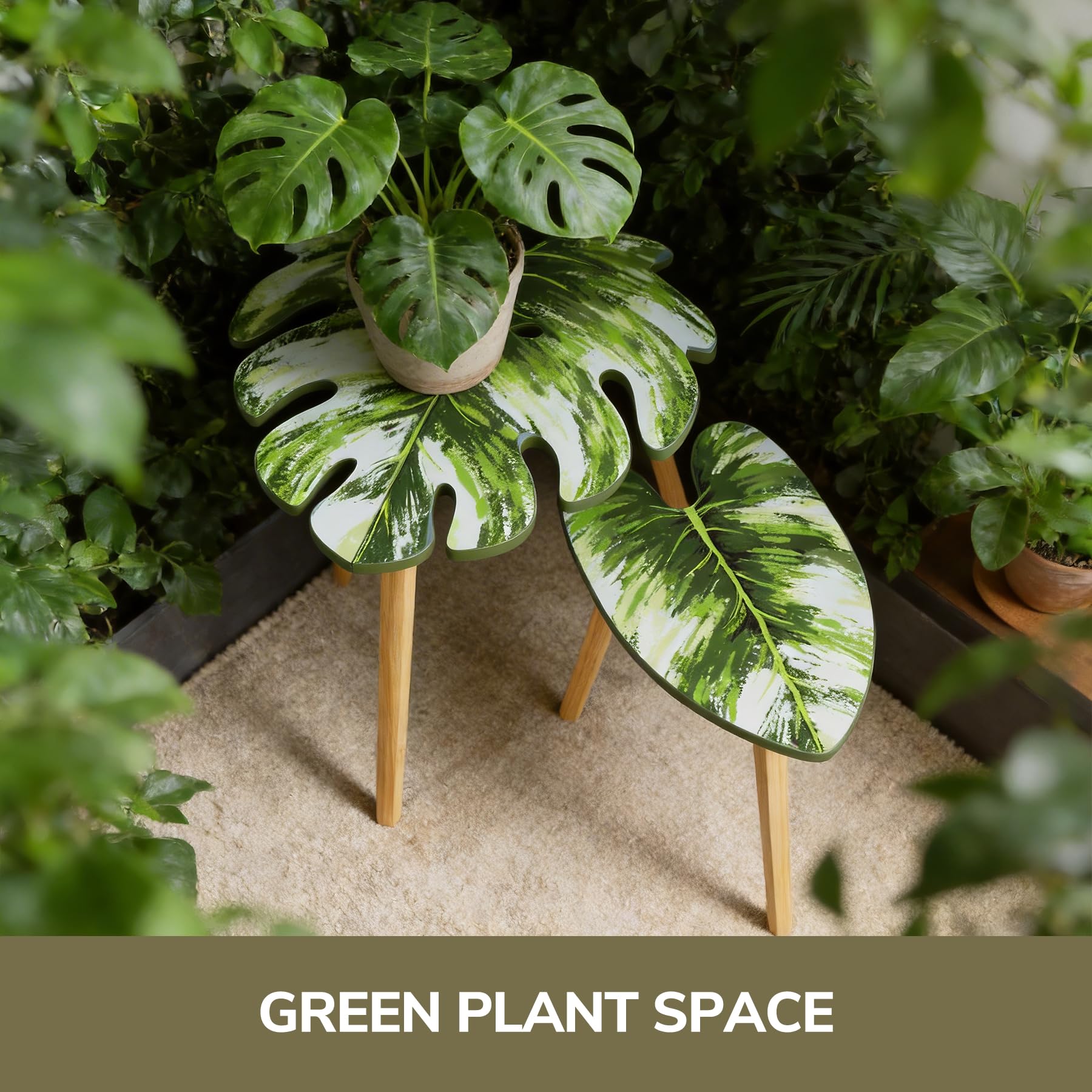 BAMEOS Monstera Leaf Nesting Tables Set of 2, Small Side Tables f Set with Leaf Vein Pattern, Modern Wooden CoffeeTables for Living Room Bedroom Apartment Balcony Yard