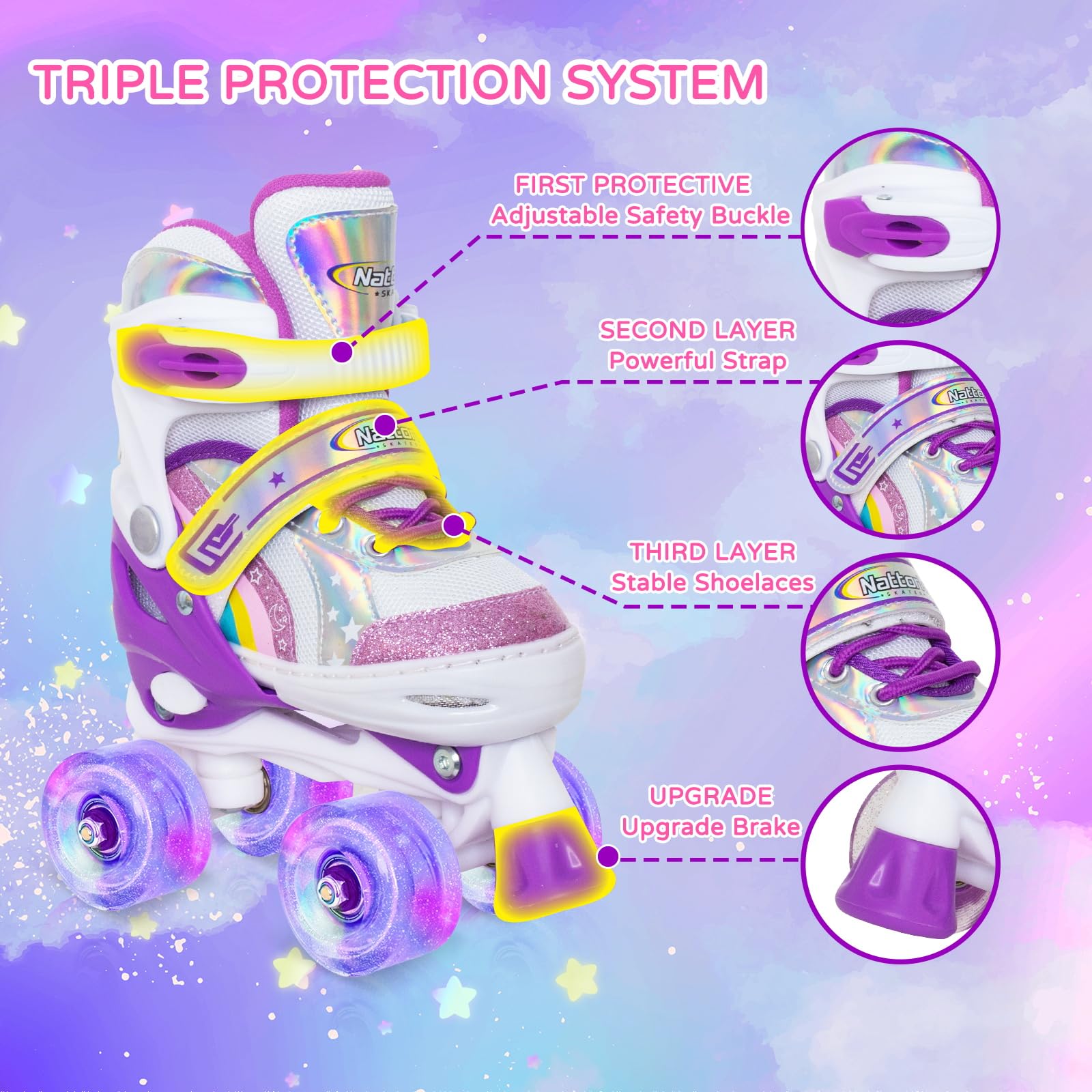 Nattork Girls Roller Skates for Kids, 4 Size Adjustable Rainbow Quad Skates with All Light Up Wheels - Best Birthday Gift for Outdoor Sports