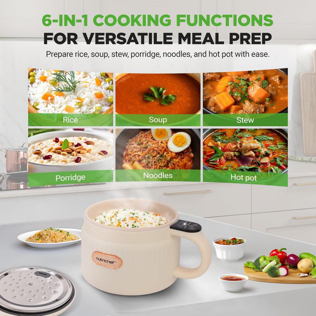 NutriChef 1.6 QT Portable Electric Rice Cooker & Lunch Maker | Multi-Functional & Non-Stick Ceramic Coating | Digital Control Panel | 6 Cook Functions: Rice, Soup, Stew, Porridge & More | Black