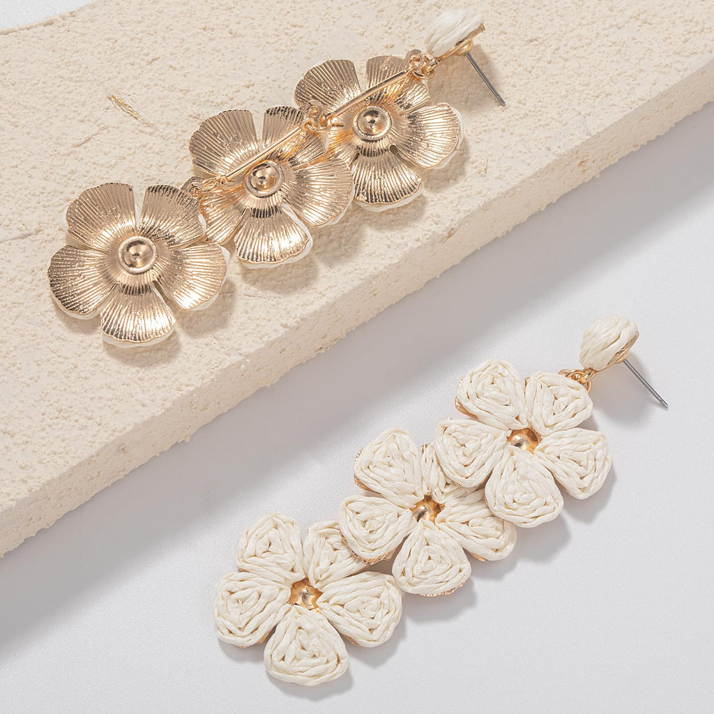 Boho Flower Earrings Statement Raffia Dangle Earrings Cute Floral Jewelry Trendy Summer Beach Vacation Outfits for Women