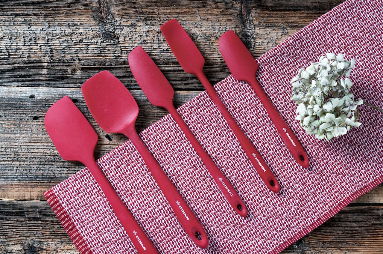 KITCHENLOVE Premium 600°F Heat Resistant 5 Piece Silicone Spatula Set for Baking, Cooking, Mixing - Non-Stick with High Grade S-Iron Steel Core - One Piece Seamless Design - BPA Free (Black)