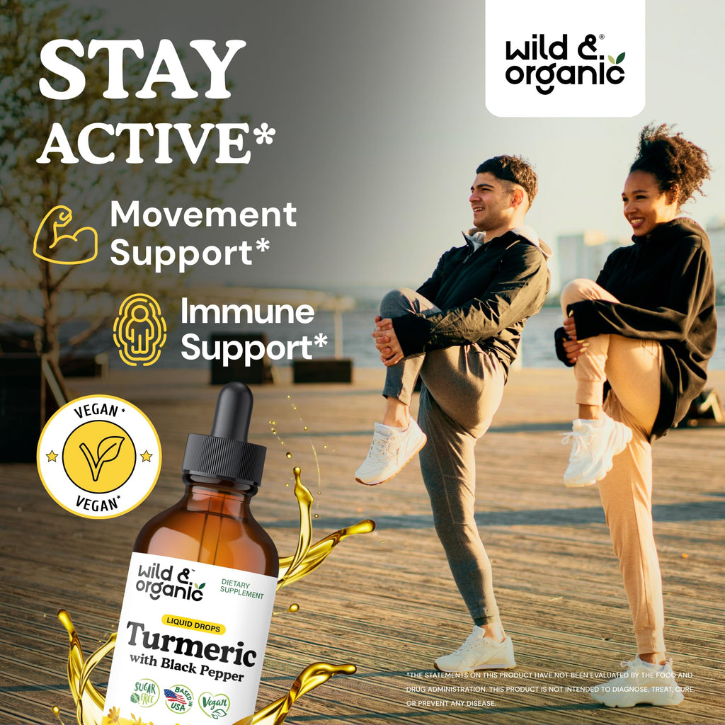 Wild & Organic Turmeric Curcumin Supplement with Black Pepper - Movement & Immune Support - Liquid Turmeric Curcumin with Black Pepper - Add to Tea Drops - Vegan, Sugar & Alcohol-Free Tincture - 2 oz
