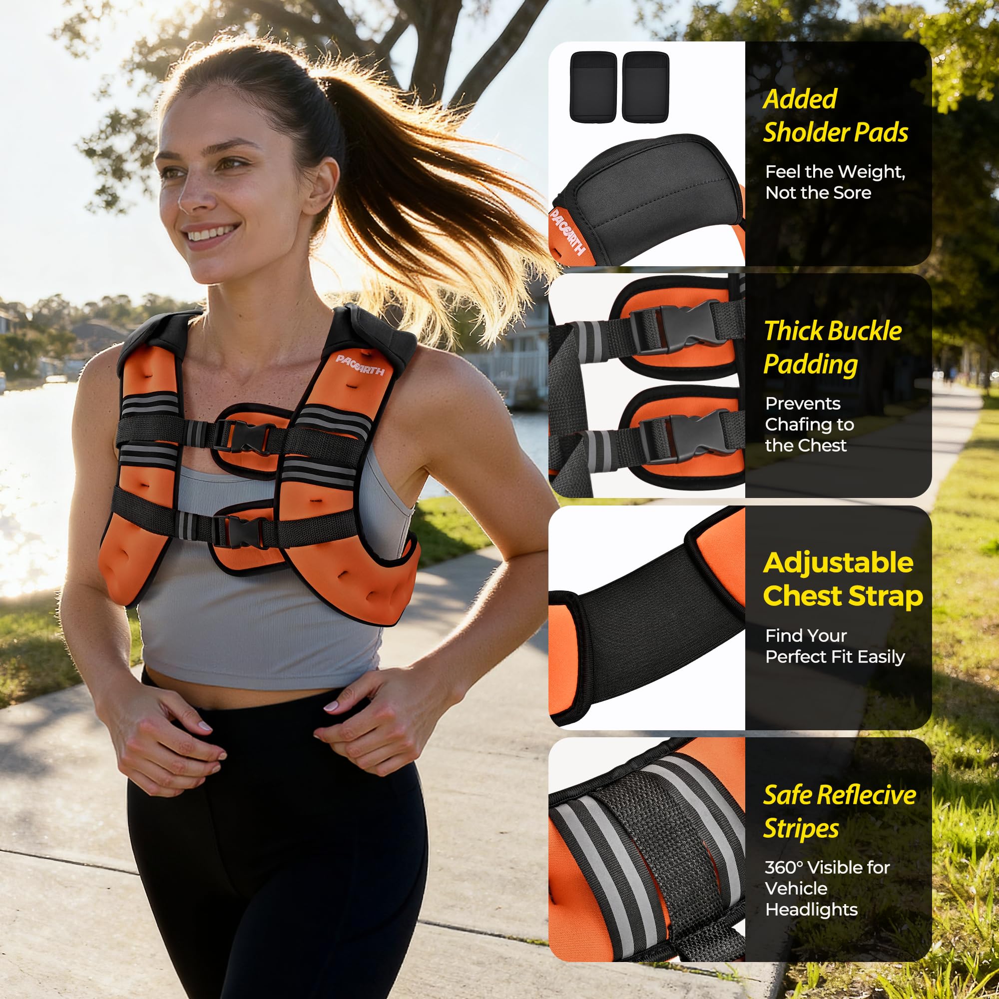 PACEARTH Weighted Vest,6lb/8lb/10lb/12lb/16lb/20lb/25lb/30lb Weight Vest with Reflective Stripe, Body Weight Vests for Women, Men, Weight Loss Workout, Strength Training, Running, Walking, Jogging
