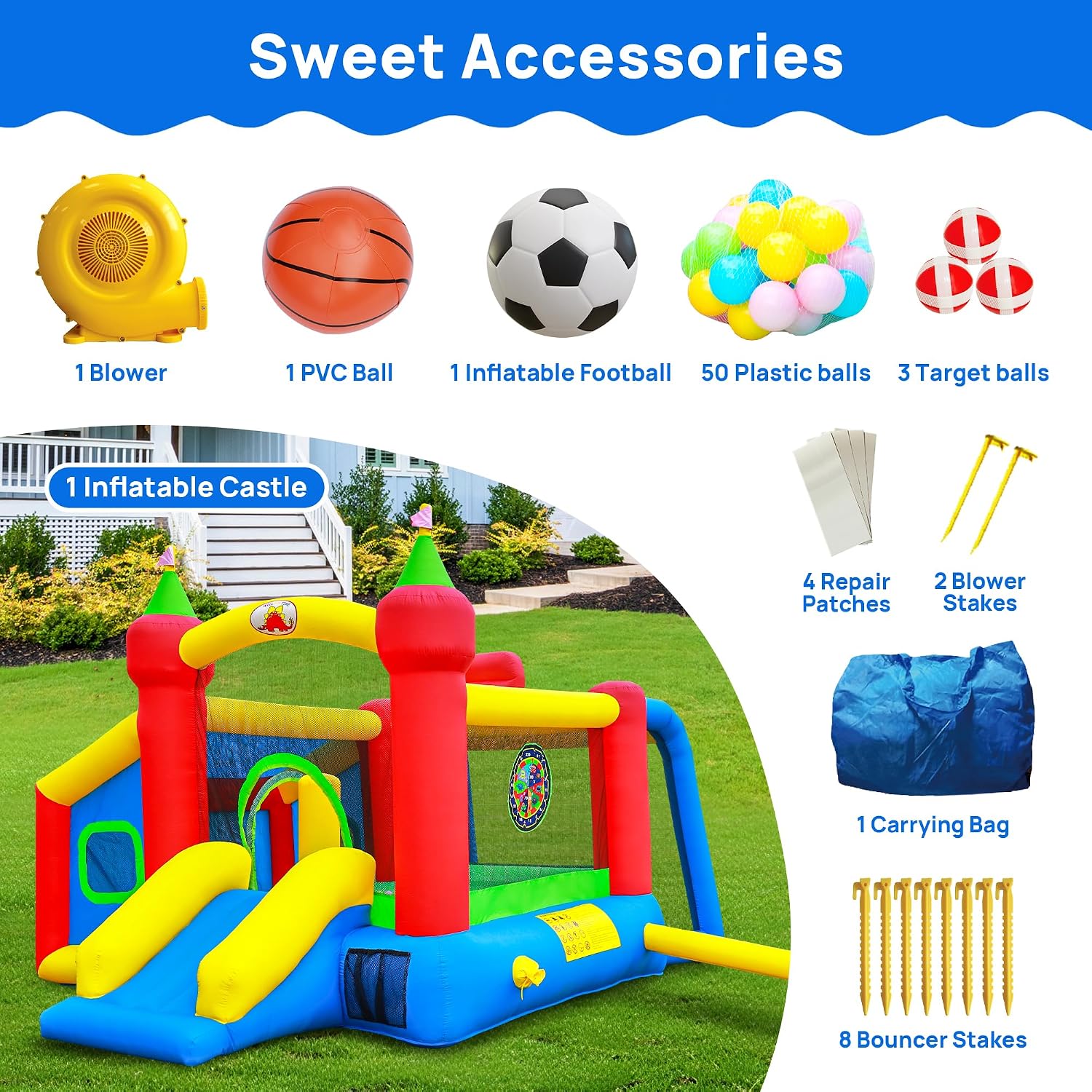 WELLFUNTIME Inflatable Bounce House,Jumping Castle Slide with Blower,Kids Bouncer with Ball Pit