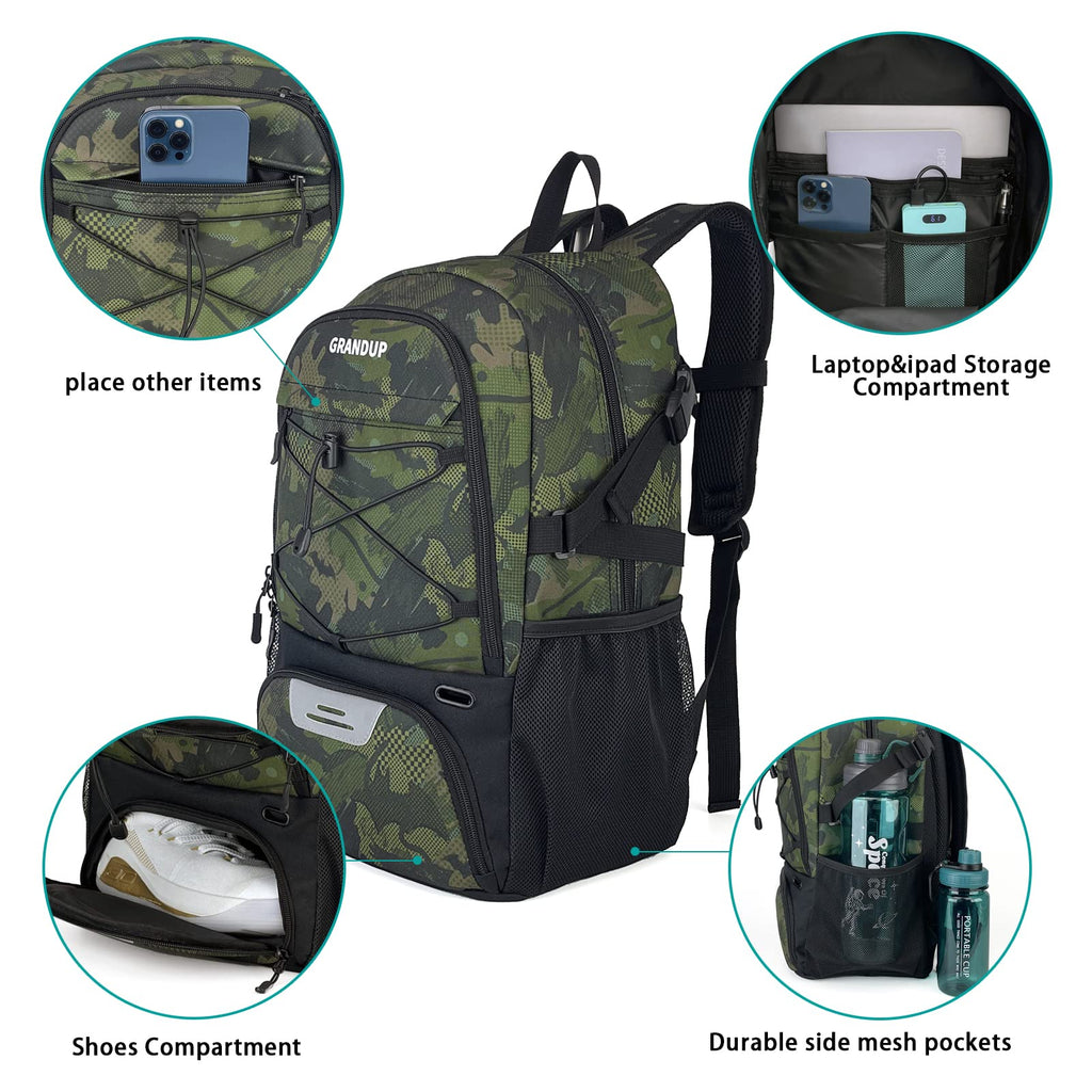 GRANDUP Basketball backpack with ball and shoes compartment Fit Volleyball, soccer, Swim, Gym, Travel, and School, large capacity sports training equipment bags