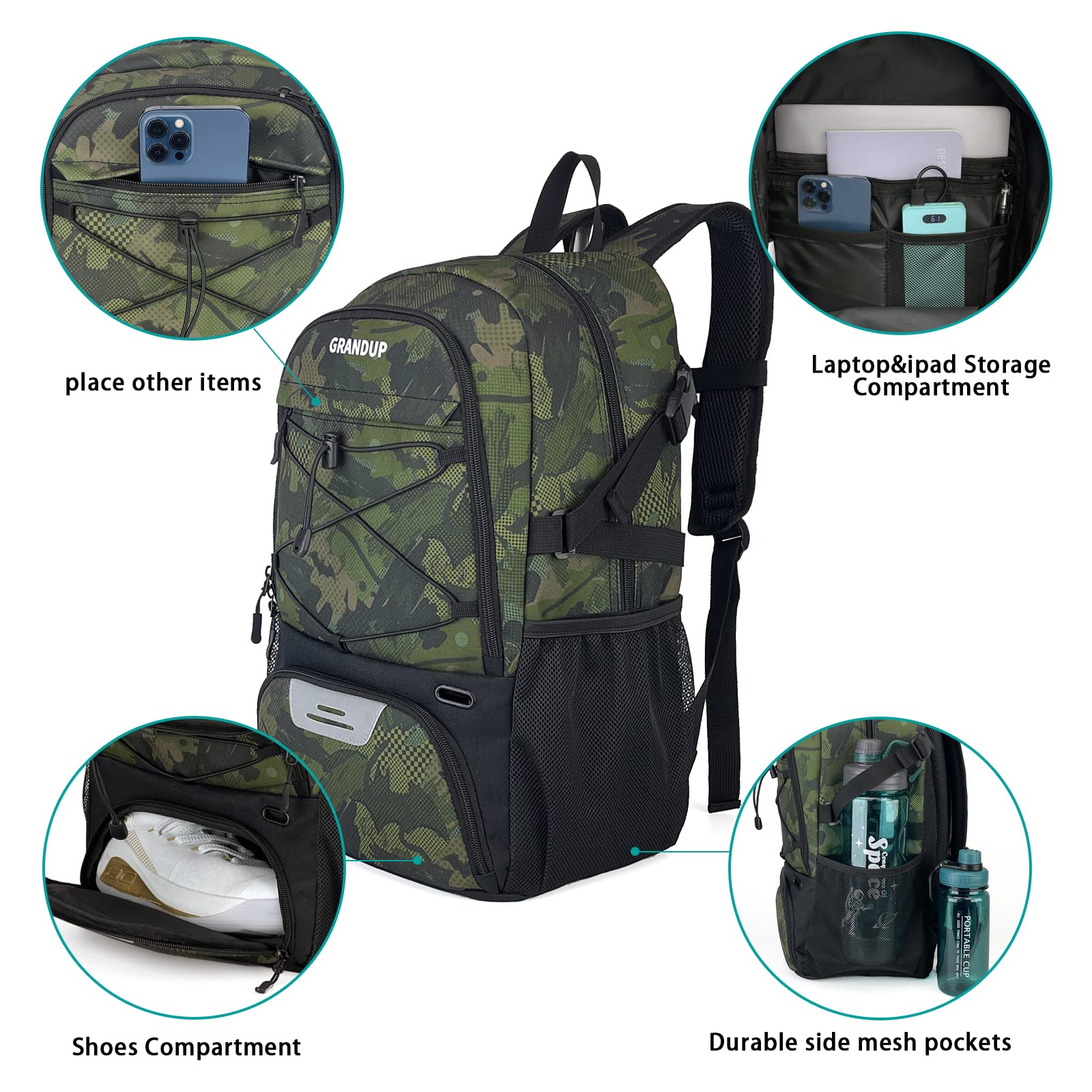 GRANDUP Basketball backpack with ball and shoes compartment Fit Volleyball, soccer, Swim, Gym, Travel, and School, large capacity sports training equipment bags