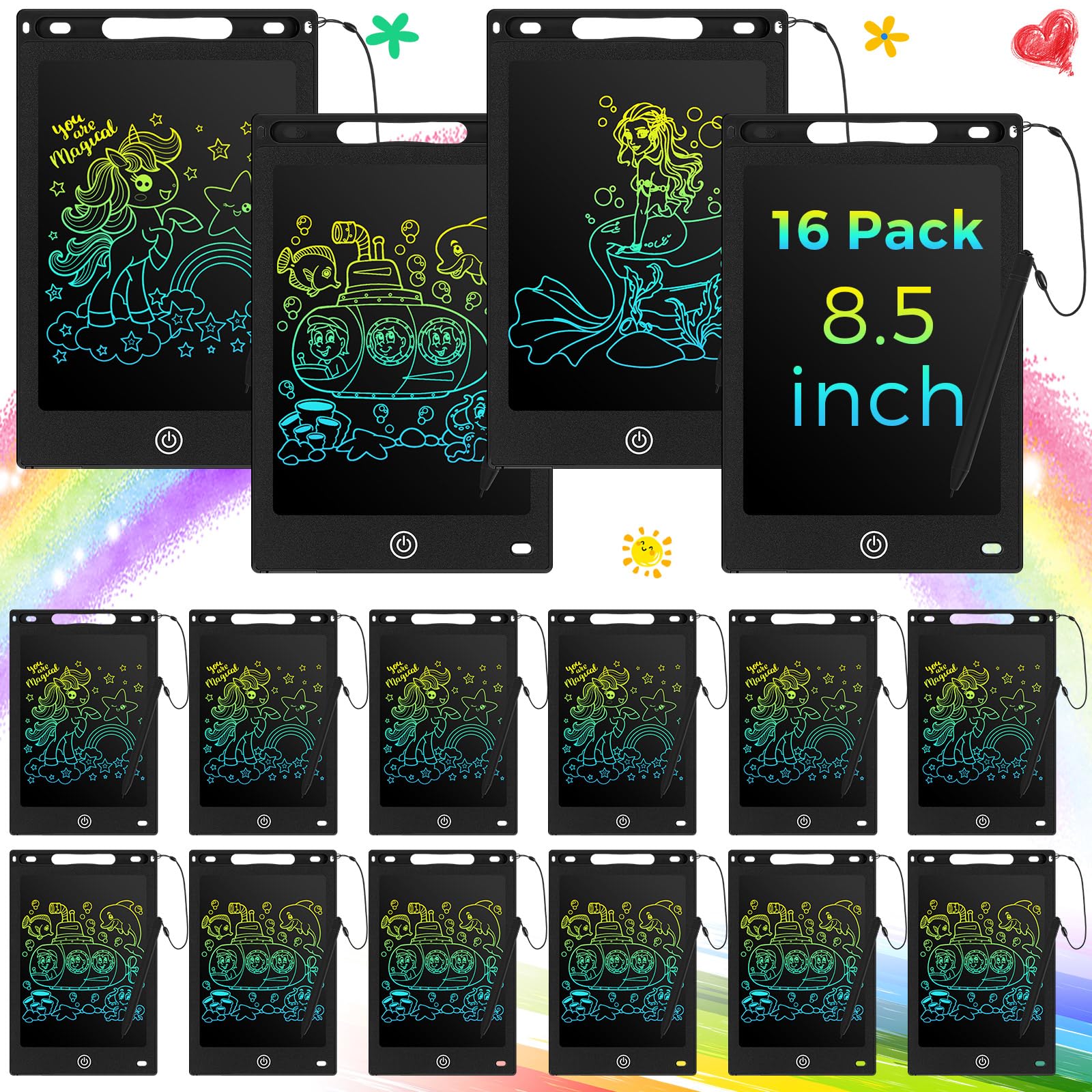 Epakh 16 PCS LCD Writing Tablet for Kids - 8.5 Inch Reusable Writing Board Drawing Doodle Pad Gift for Girl & Boy, Toddlers, Back to School, Birthday Party Favors(Black)