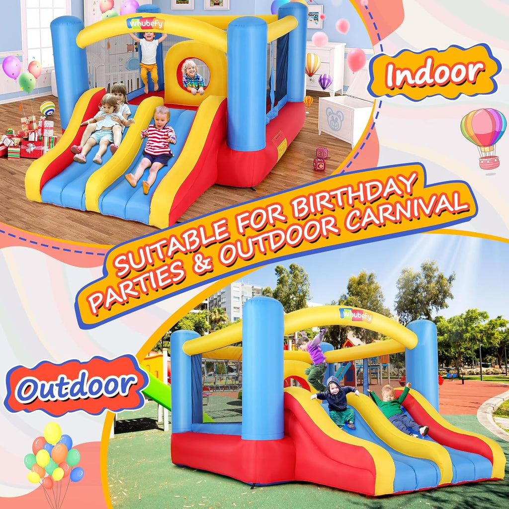 Whubefy Bounce House, Inflatable Bounce House for Kids 3-6 Big Kids 8-12, Indoor/Outdoor Double Slide Obstacle Bouncer with Blower, 12 x 9FT Jumping Castle with Center Hoop for Family Backyard