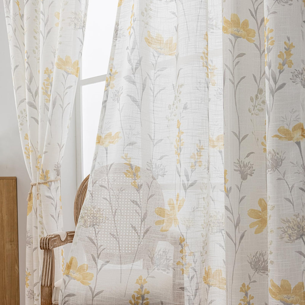 SUOUO Blue Leaf Semi Sheer White Curtains for Bedroom Dining Living Room Linen Textured 84 inches Long Rod Pocket Boho Window Drapes 2 Panels