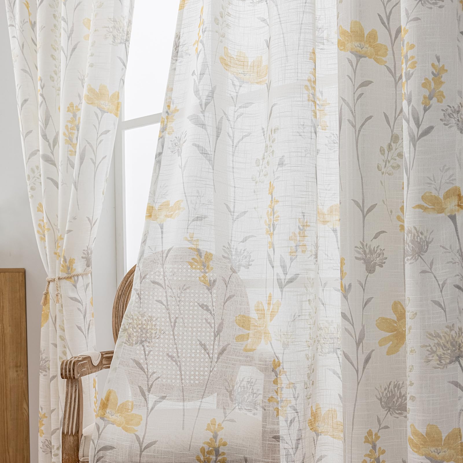 SUOUO Blue Leaf Semi Sheer White Curtains for Bedroom Dining Living Room Linen Textured 84 inches Long Rod Pocket Boho Window Drapes 2 Panels