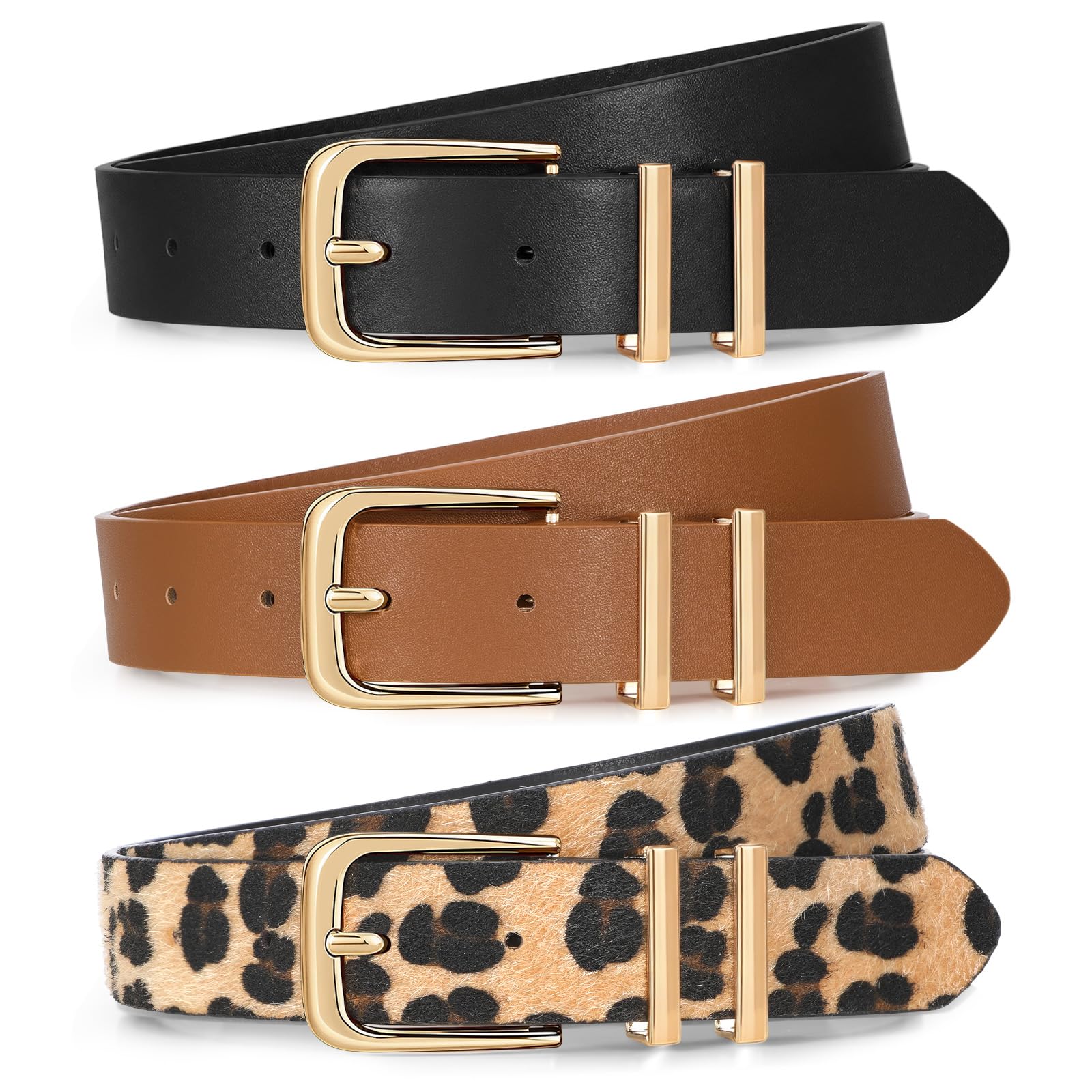XZQTIVE 3 Pack Women Belts For Jeans Dresses Pants Ladies Leather Waist Belt with Gold Buckle