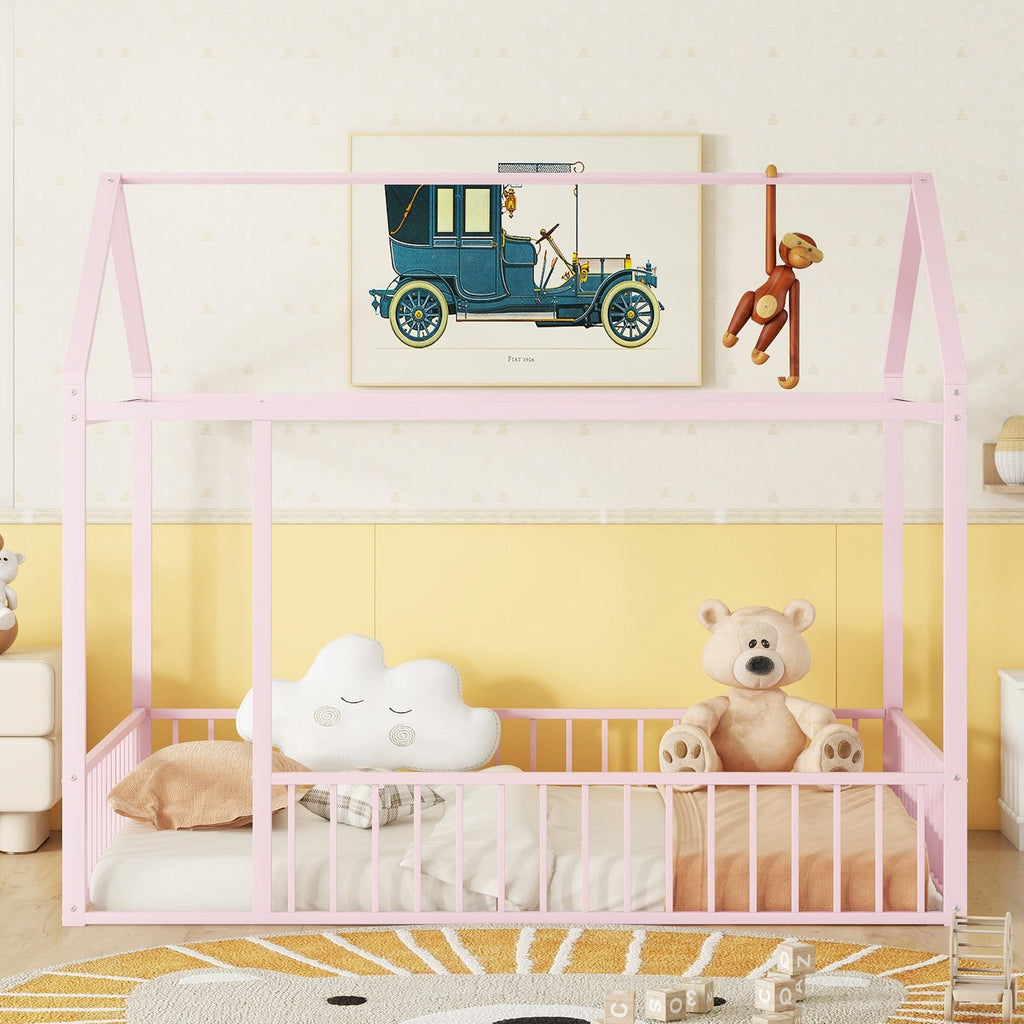 Bellemave Twin Size Montessori Floor Bed, Metal House Bed Framefor Kids, Montessori Floor Beds with Fence, Playhouse for Kids,Black
