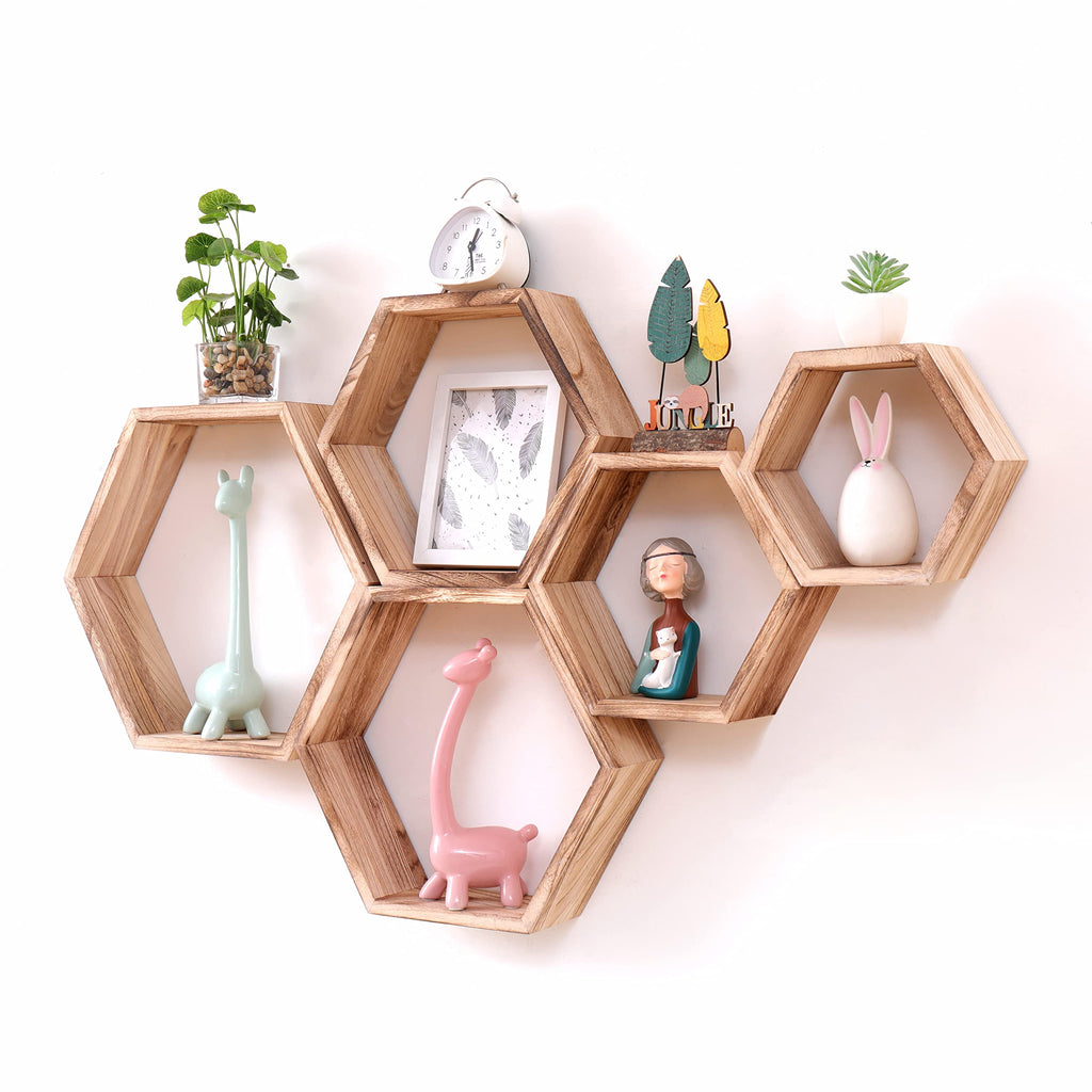 WONFUlity Hexagon Shelves for Wall Mounted, Wood Farmhouse Storage Honeycomb Floating Shelves for Wall Decor,Screws Anchors Included,5pc