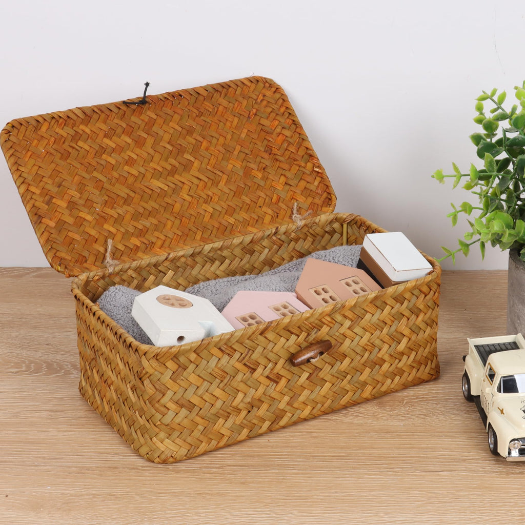 FEIALNDUO Wicker Shelf Baskets with Lid,Seagrass Storage Basket Bins Rectangular Handwoven Basket Boxes for Shelves Desktop Home Organizer (Coffee, X-Small)