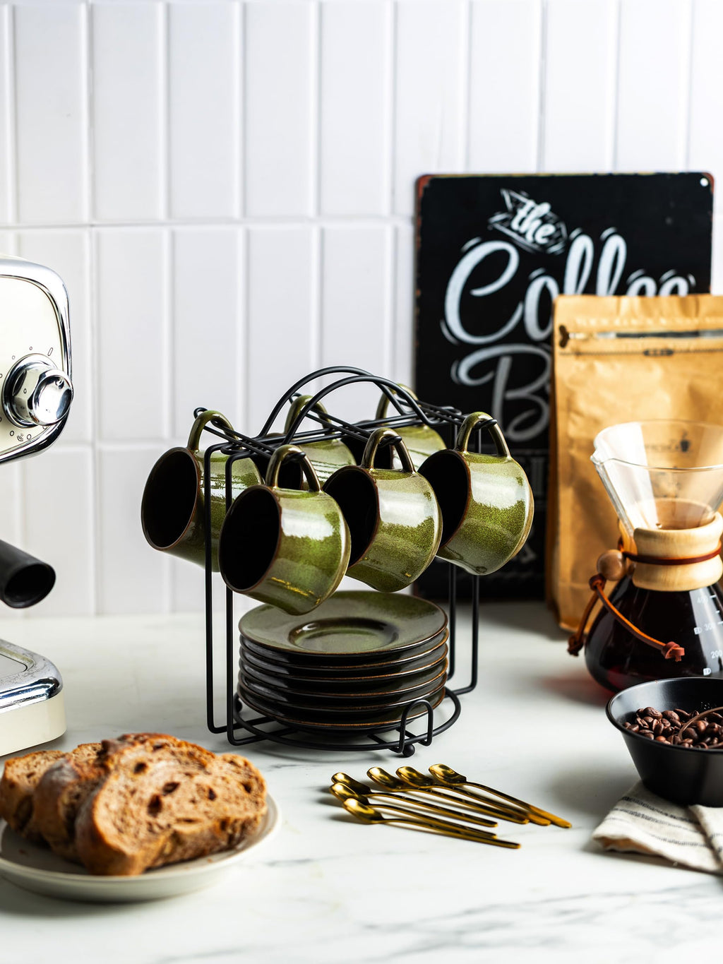 YHOSSEUN Ceramic Espresso Cups Set of 6, 4 OZ Expresso Shots Cup with Stand, Saucers & Spoons, Small Coffee Cup Demitasse Cups for Father's Day, Espresso Accessories for Machine, Black