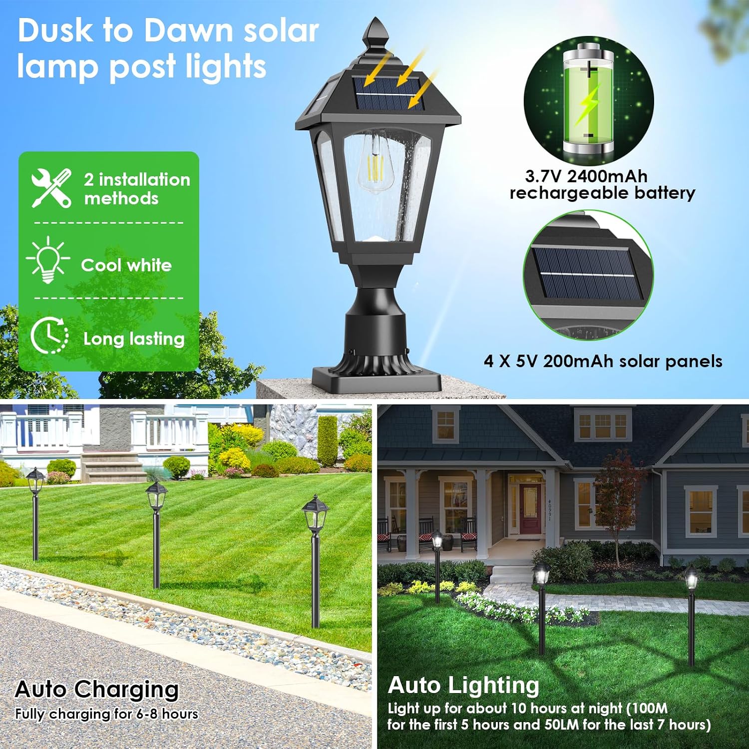 Benany Solar Post Lights Outdoor, Aluminium Solar Lamp Post Light with Pier Mount Base, Outside Decor for Yard Garden Pole Pillar, 100 Lumens (Cool White) ﻿
