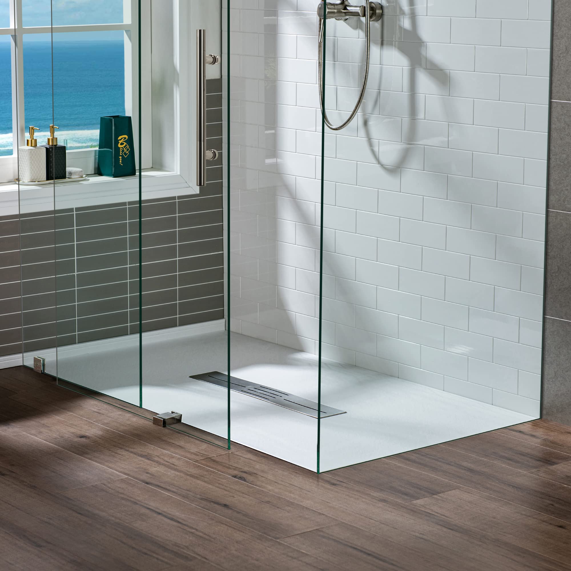 WOODBRIDGE 47.25 in L x 31.5 in W Zero Threshold Shower Base with Center Drain, Decorative Drain Plate, Tile Flange, Wheelchair Access, Low Profile, Black