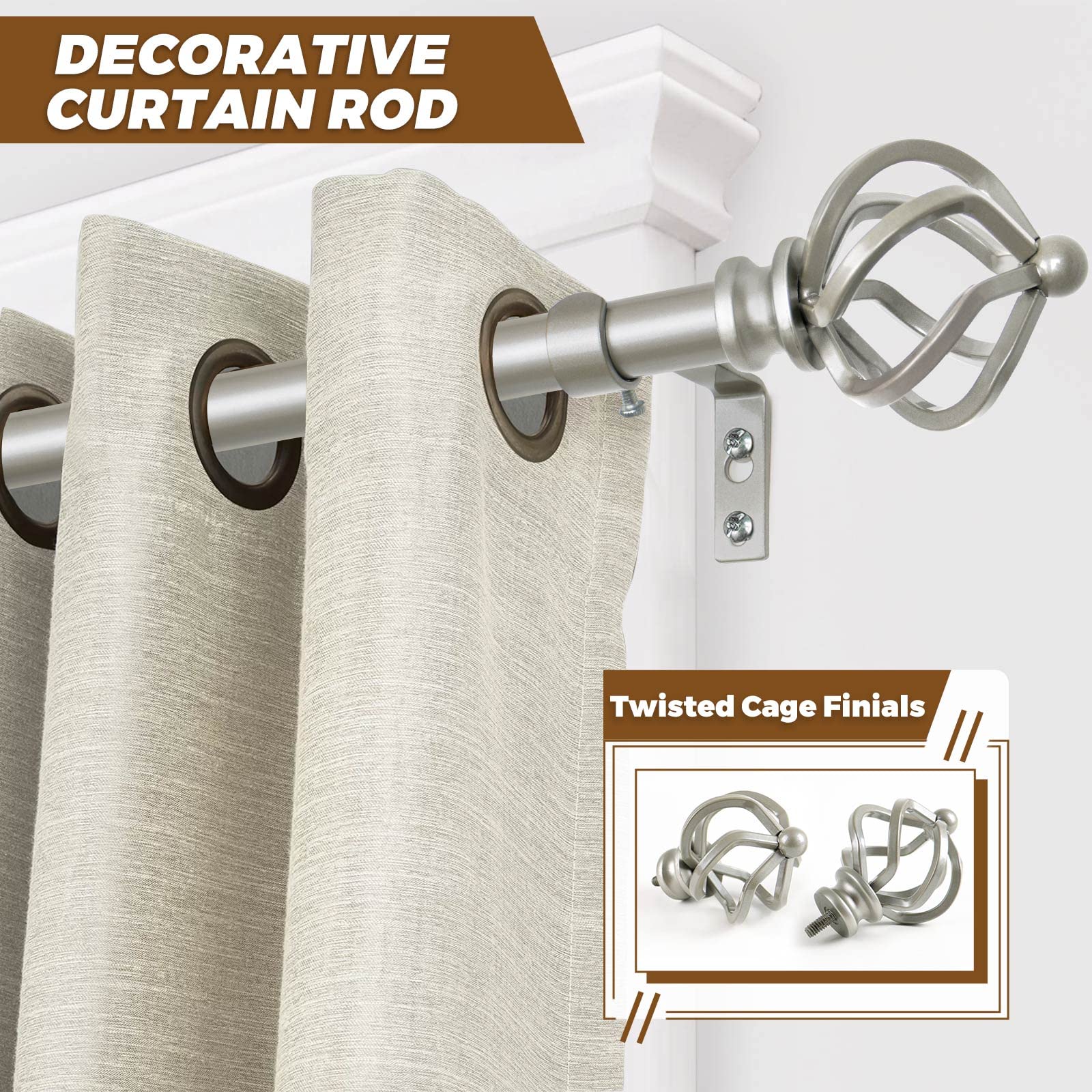 KAMANINA Silver Curtain Rod 32 to 58 Inch(2.6-4.8ft), Adjustable Curtain Rods for Windows 28 to 48 Inch, 3/4 Inch Splicing Drapery Rods with Twisted Cage Finial