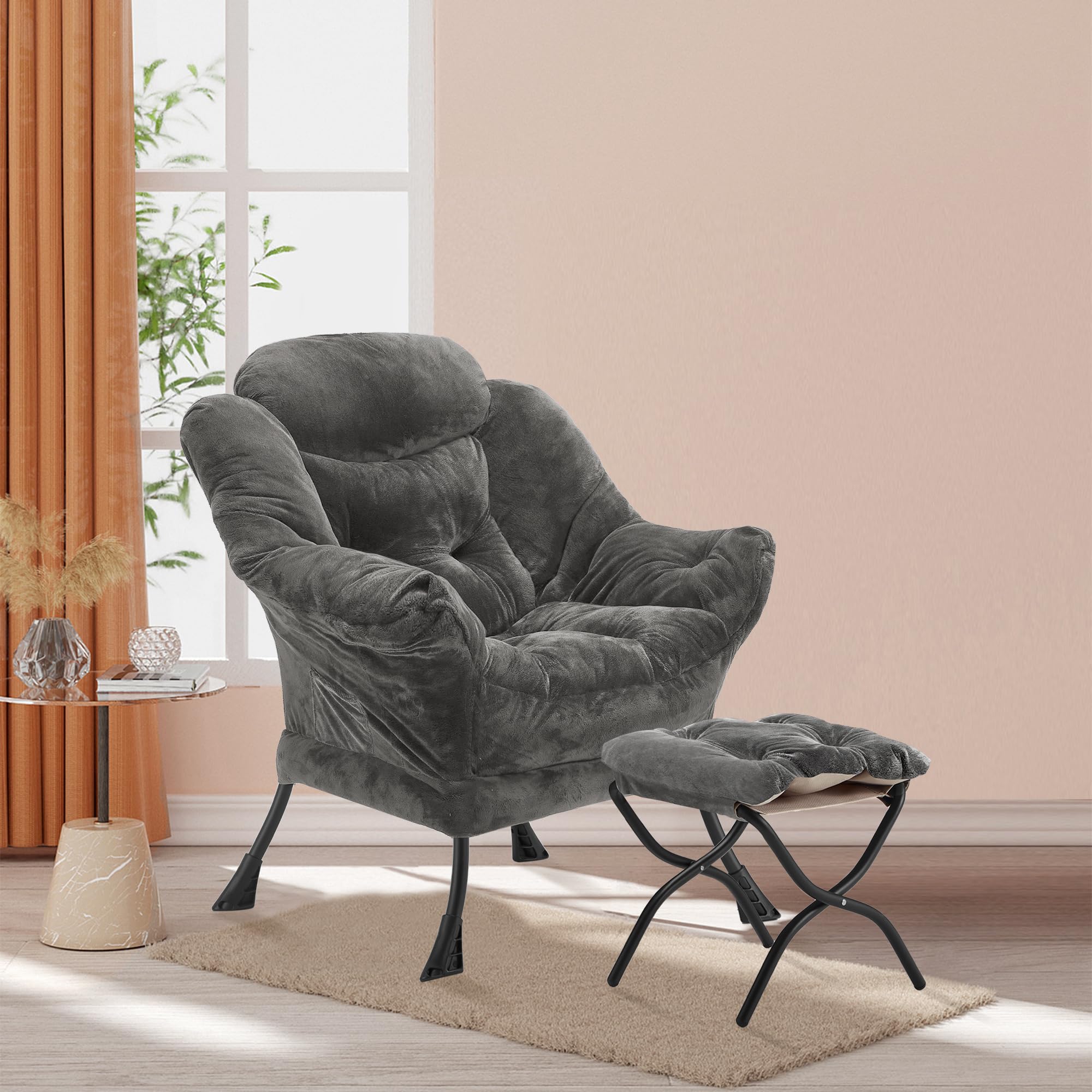 Youtanic Lazy Chair with Folding Ottoman, Accent Chair Velvet Upholstered with Metal Structure and Non-Slip Pads, Sofa Armchair with Footrest and Side Storage Bag for Dorm, Room, Office, Beige