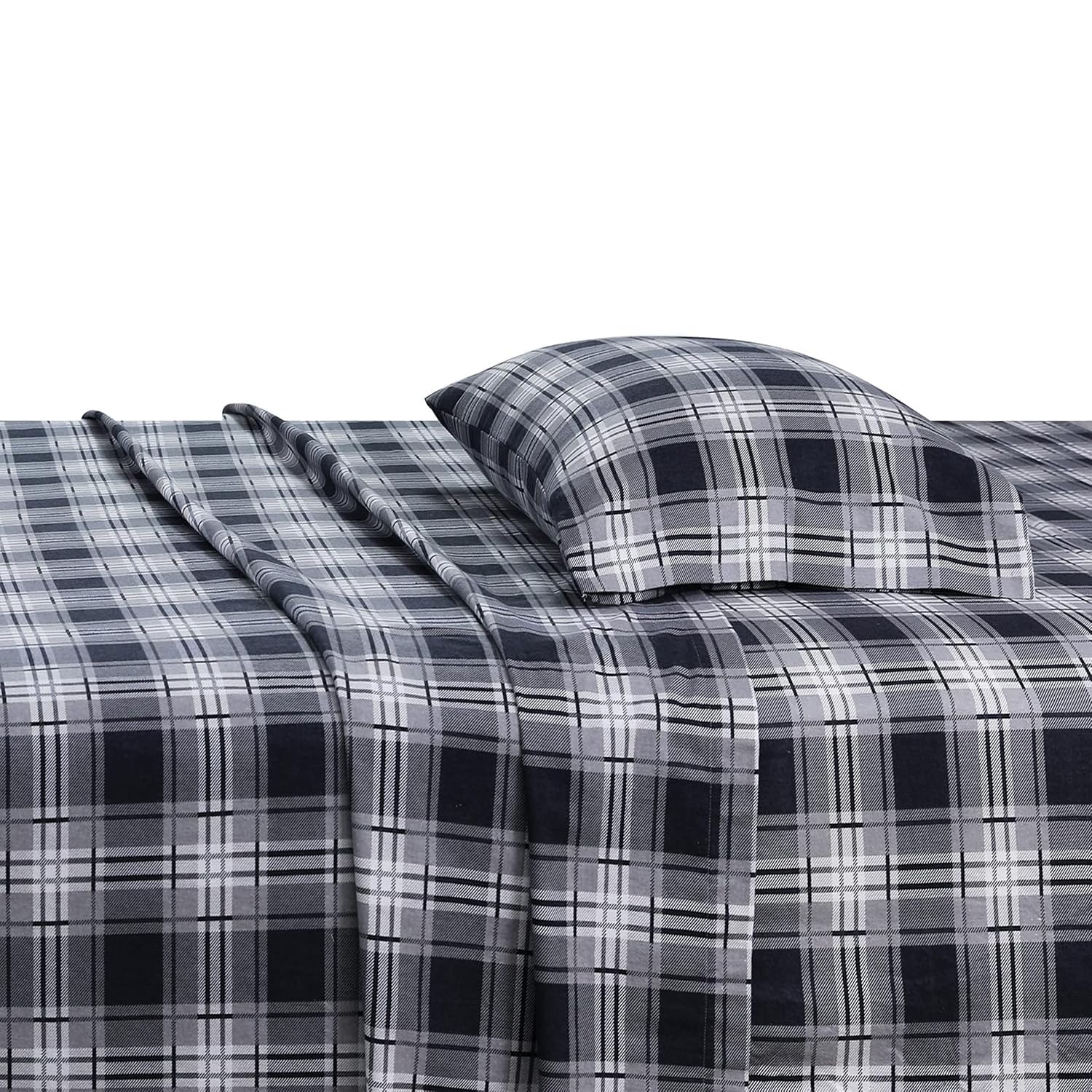 Feather & Stitch 100% Cotton Flannel Twin Sheet Set, 3 Piece Brushed Cotton Flannelette Flat Sheet, Winter Fitted Sheet, Heavy Weight Bedding, 16" Deep Pocket (Grey Plaid)