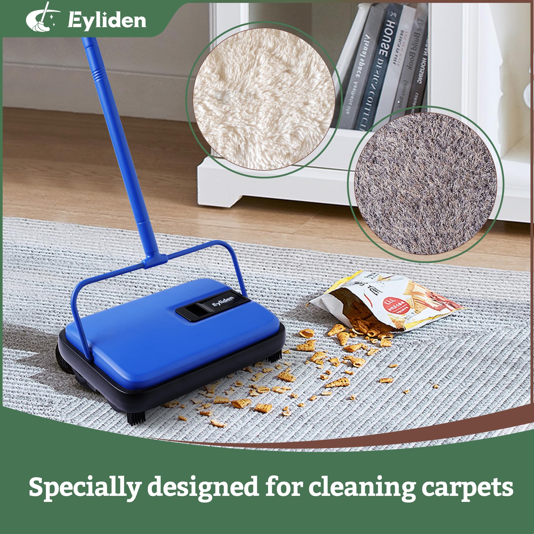 Eyliden Carpet Sweeper, Mini Size Lightweight Hand Push - No Noise, Non-Electric, Easy Manual Sweeping Only for Carpet Cleaning (Black)