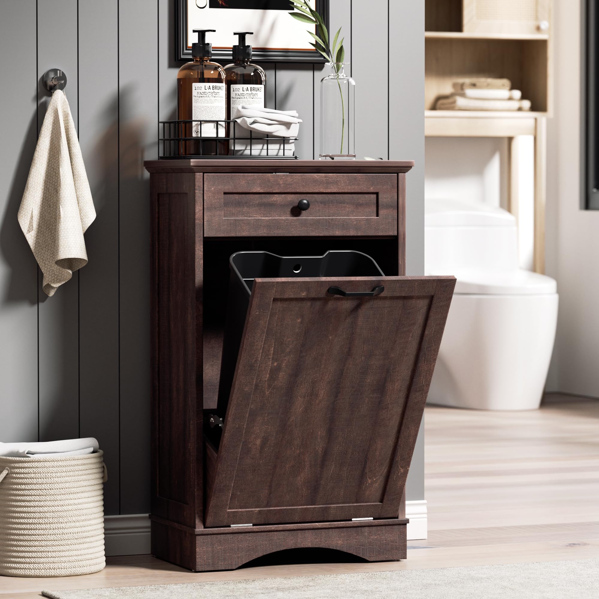 AHB Double Tilt Out Trash Can Cabinet Freestanding Kitchen Trash Can, 2x13 Gallons Hidden Garbage Recycling Cabinet with Hideaway Drawers Pet Proof Trash Can Holder for Kitchen, Antique White