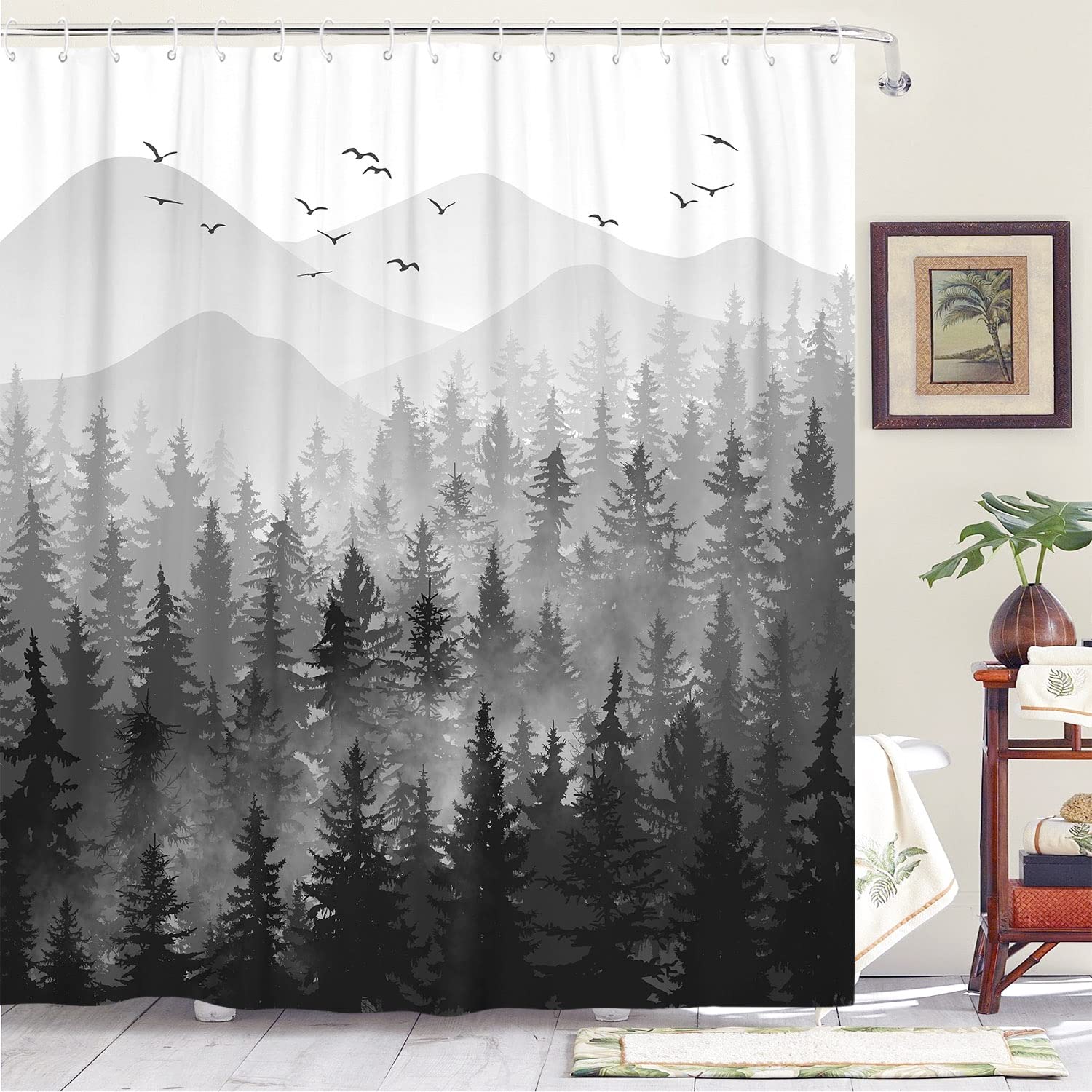 Stall Small Black and White Misty Forest Shower Curtain Ombre Gray Grey Mountain Pine Tree Waterproof Fabric Shower Curtains for Bathroom Nature Woodland Decorative Bath Curtain Decor 36×72 Inches