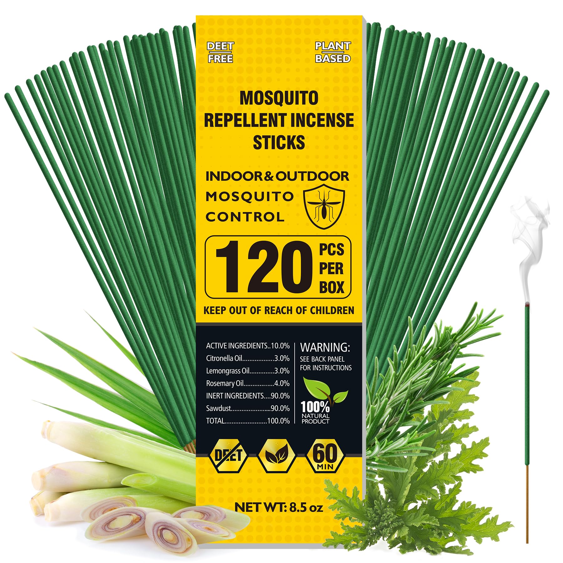 BugBai Mosquito Repellent Outdoor Patio 120 PCS, Citronella Oil Mosquito Incense Sticks Indoor Home Pet Family Safe, Natural Plant-Based Bug Insect Barrier for Yard Garden Lawn Camping Fishing, 0.5 lb