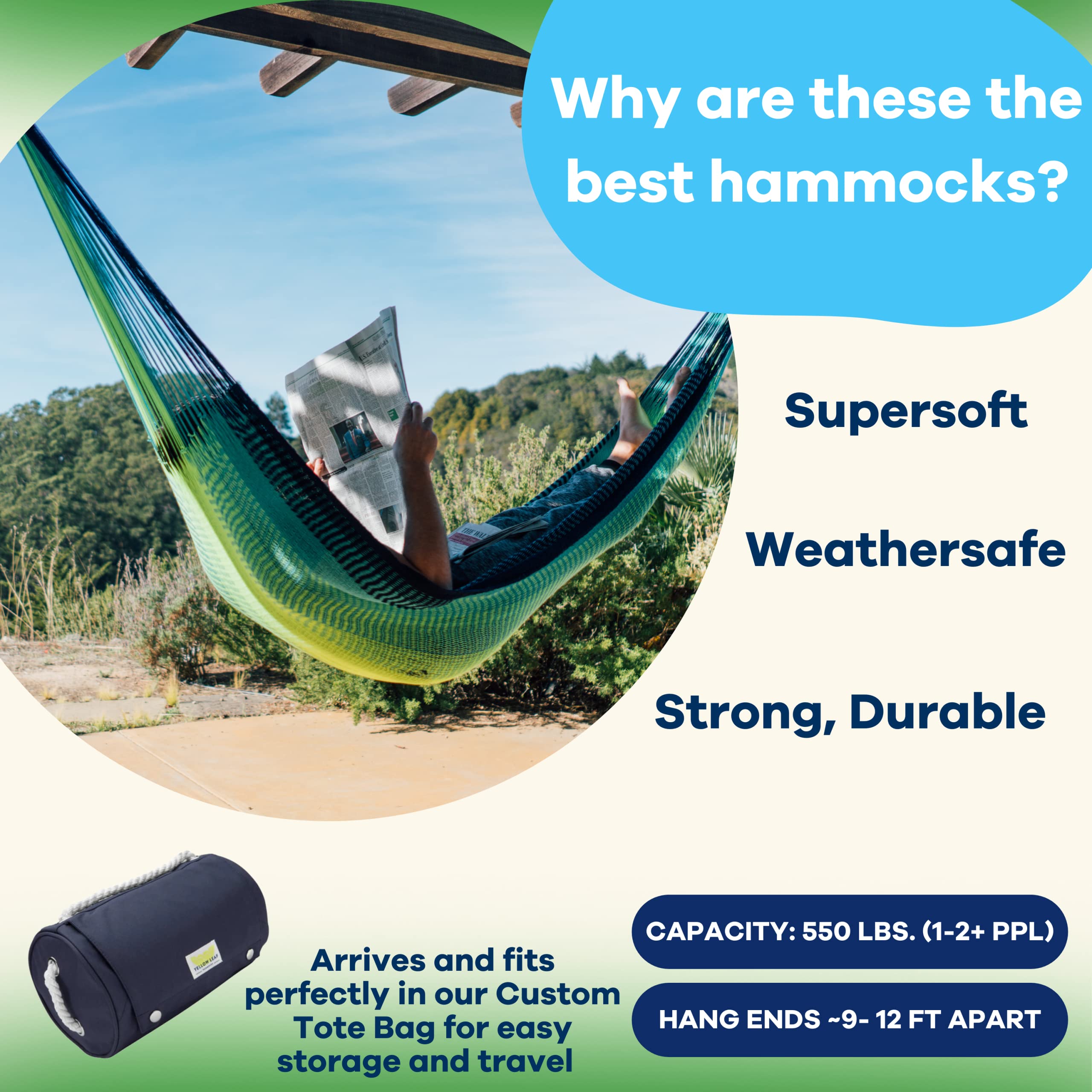 Handwoven Hammock by Yellow Leaf Hammocks - Double Size, Fits 1-2 PPL, 400lb max - Weathersafe, Super Strong, Easy to Hang, Ultra Soft, Artisan Made - Color: Natural Khaki