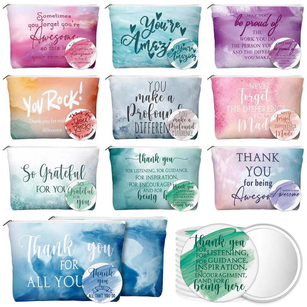 Vercraft 20 Pcs Employee Appreciation Gift for Women Inspirational Canvas Makeup Bag Portable Compact Mirror Bulk Cosmetic Bag Thank You Party Favor for Women Coworker Nurse (Bohemian,Boho)