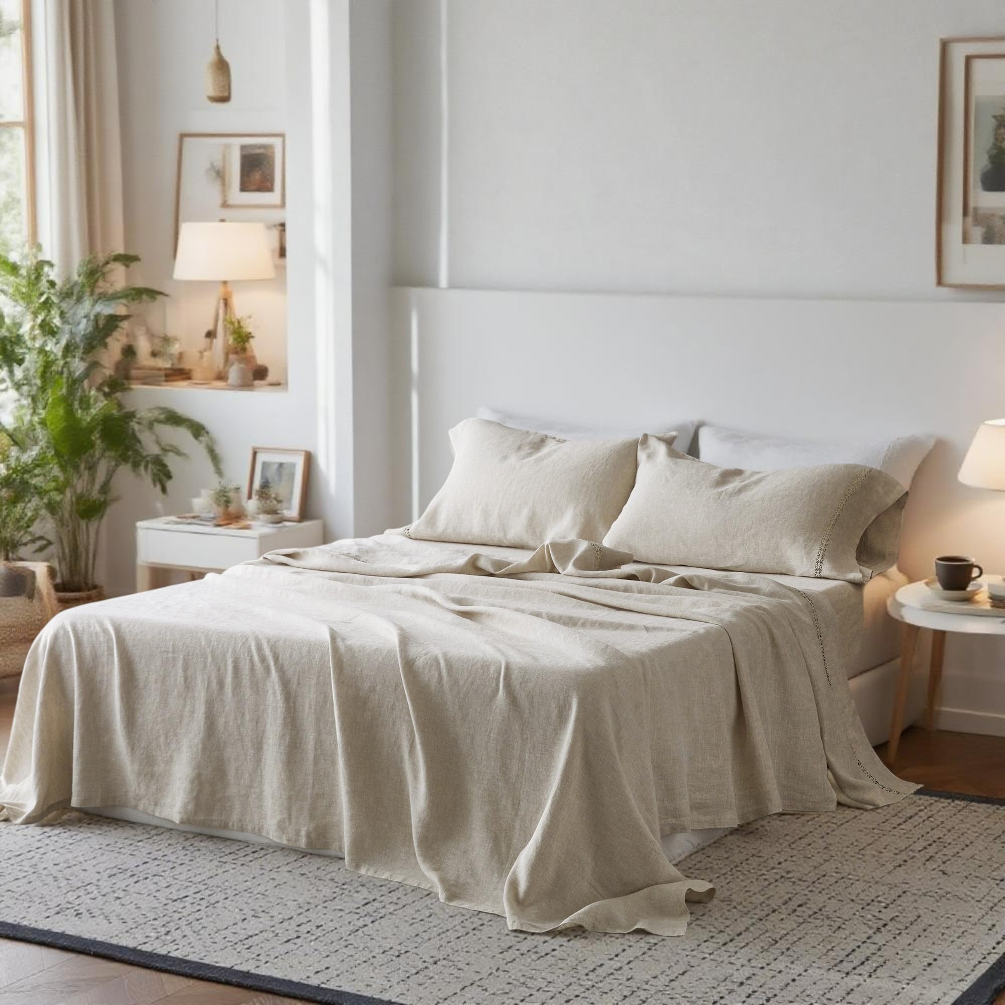 Simple&Opulence 100% Pure Linen Sheet Set Twin Size, Natural French Flax Solid Color 3 Pcs Washed Breathable, Farmhouse Bedding (1 Flat Sheet,1 Fitted Sheet,1 Pillowcase)-Embroidery Dark Grey