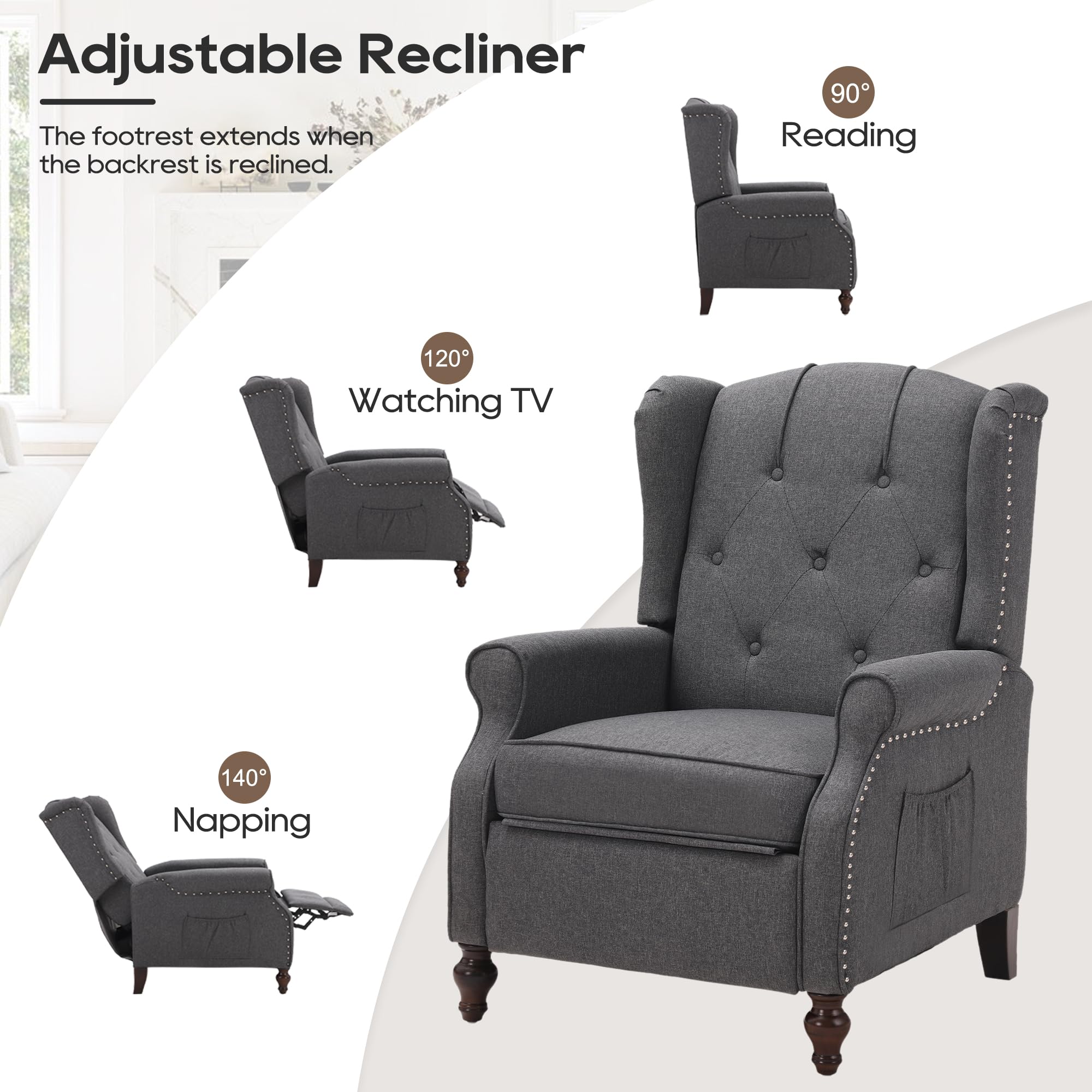 Wingback Chair with Massage and Heat, Tufted Fabric Pushback Recliner Chair, Wingback Recliner Chair with Remote Control, Padded Cushion, Wooden Legs, Small Recliners for Small Spaces