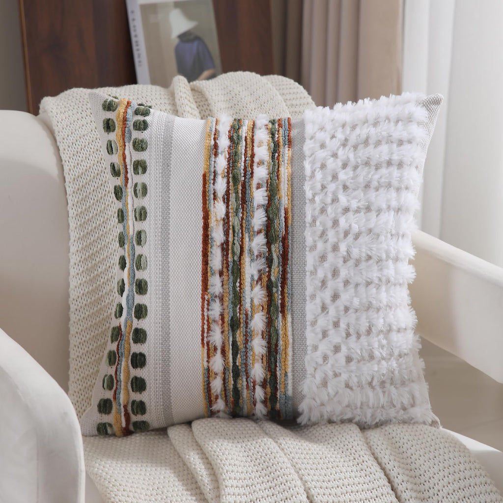 Boho Pillow Covers 18x18 Set of 2 for Couch-Modern Farmhouse Sofa Decorative Throw Pillow Covers Textured Chenille Cushion Covers Outdoor Netural Bohemian Pillow Cases Square