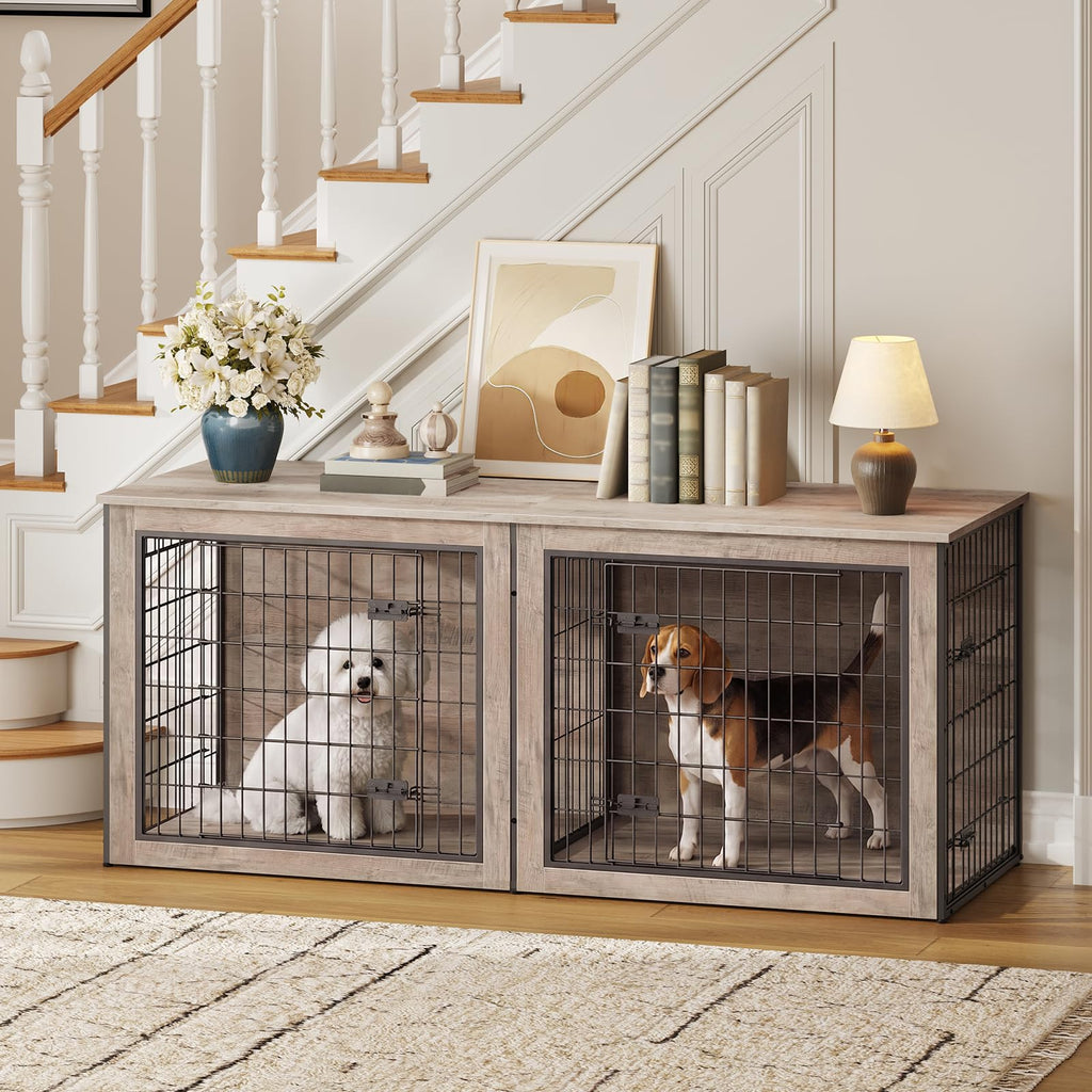 HOOBRO Dog Crate Furniture for 2 Dogs, 63" Large Double Dog Crate Furniture with Divider, Wooden Indoor Kennel TV Stand for Medium Large Dogs, Rustic Brown BF55GW03