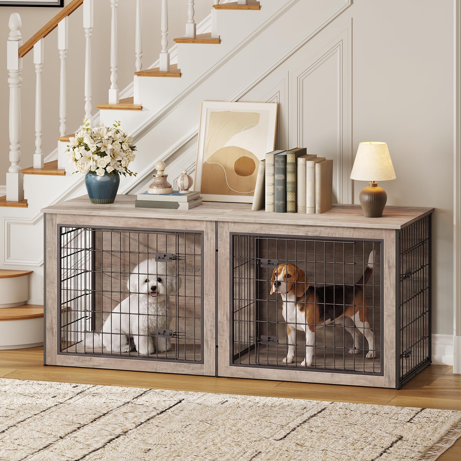 HOOBRO Dog Crate Furniture for 2 Dogs, 63" Large Double Dog Crate Furniture with Divider, Wooden Indoor Kennel TV Stand for Medium Large Dogs, Rustic Brown BF55GW03