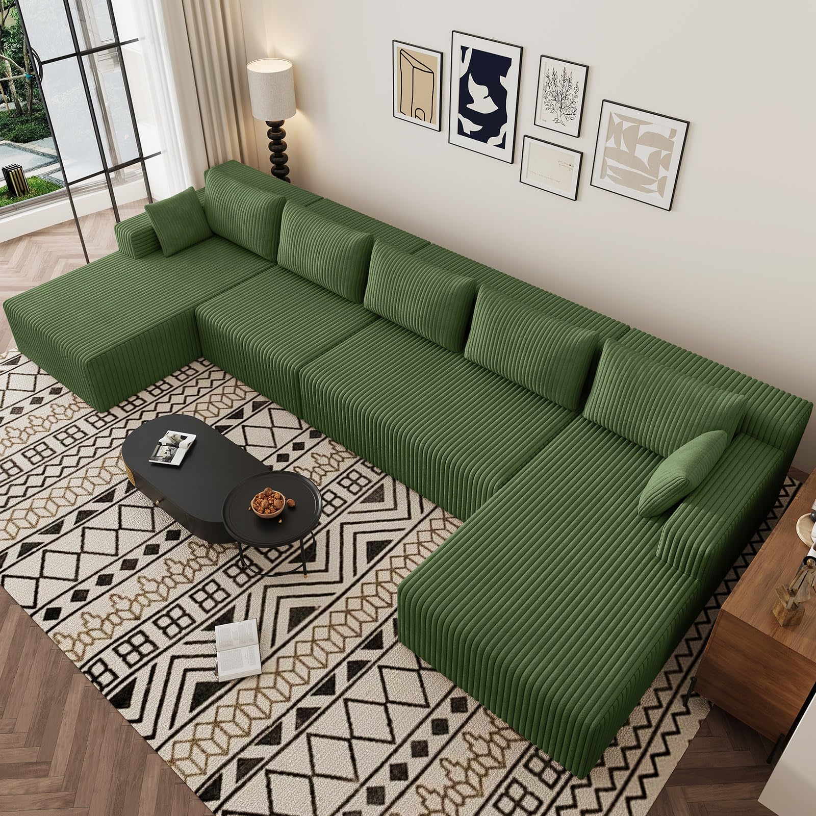 Lakifun 107" L-Shape Sofa with Ottoman, Modern Modular Sectional Comfy U-Shape Cloud Couch, Deep Seat, Upholstered Corduroy Sleeper Chaise Longue for Living Room Bedroom, No Assembly Required, Black