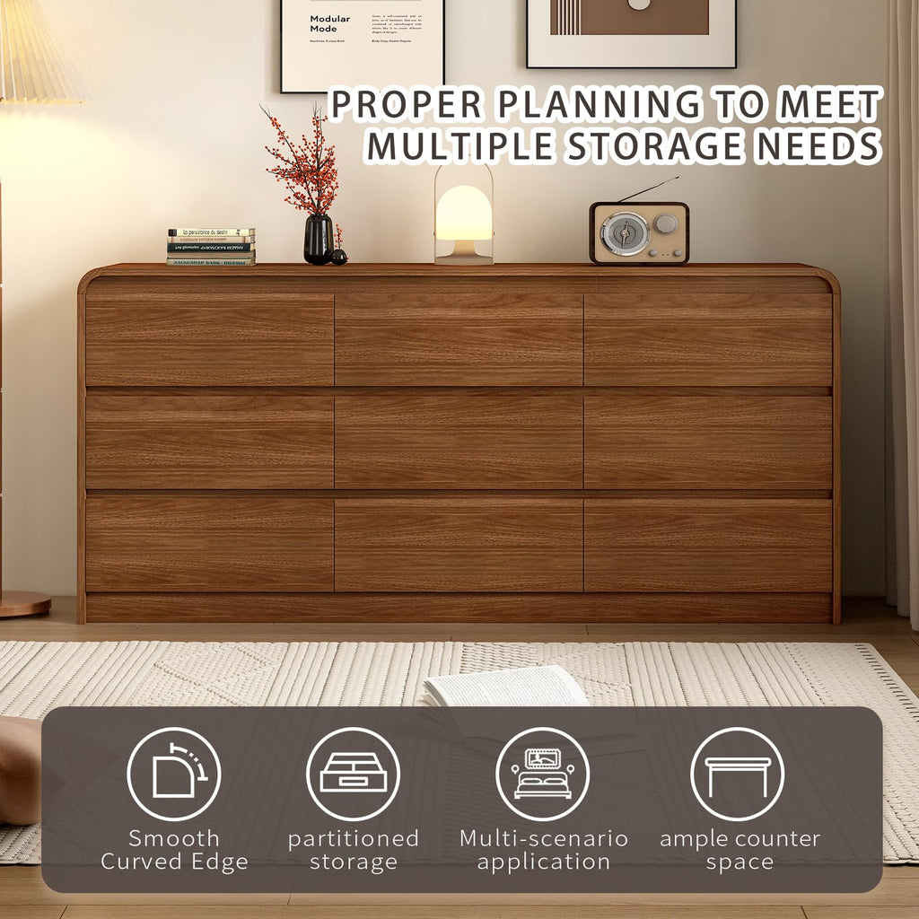 Messenya Modern 6 Drawer Dresser, 47-Inch Wood Chest of Drawers, Curved Anti-Collision Design, Mid-Century Storage Cabinet, Pre-Embedded Slots, for Bedroom, Living Room, TV Stand, Nursery