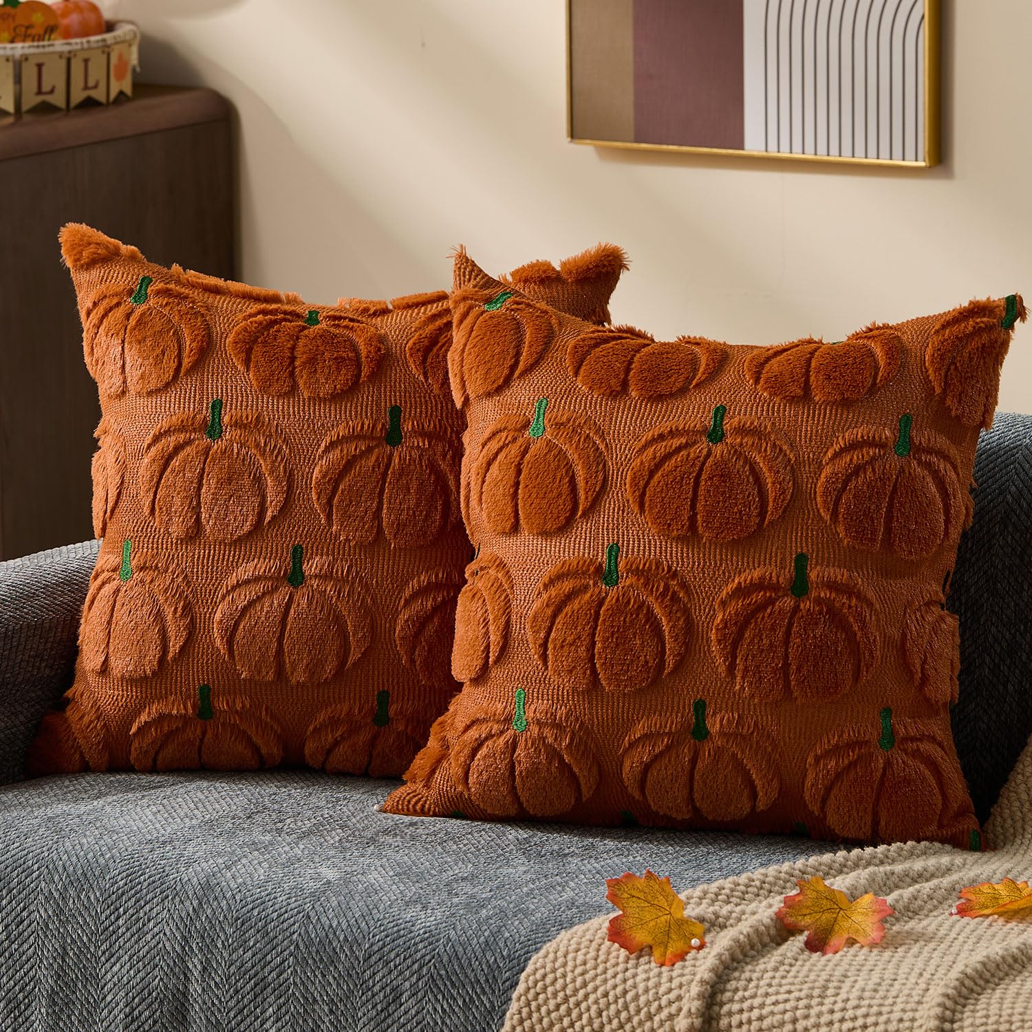 DFXSZ Fall Pillow Covers 16x16 Set of 2 Fall Decorations Autumn Beige Pumpkin Throw Pillow Cases Soft Plush Faux Fur Wool Couch Cushion Case for Chair Sofa Bedroom Living Room Home Decor PTK02B16