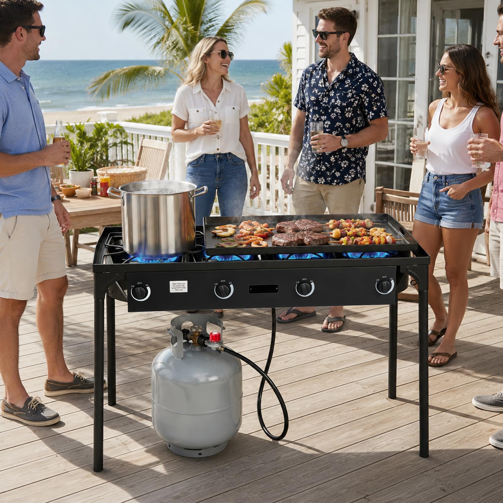 Outvita 2 Burner Propane Gas Stove for Outdoor Cooking, 150,000 BTU Camping Cooker with Removable Legs, Temperature Control Knobs for Backyard Cooking, BBQ, Baking and Frying