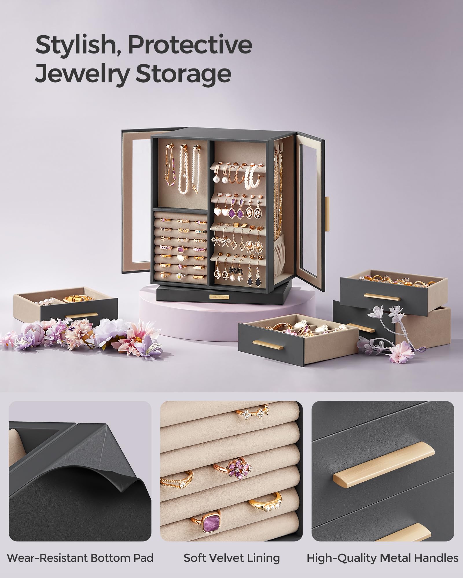 SONGMICS GISELLA Collection - Jewelry Box Organizer 360° Rotating, Vertical Jewelry Storage Case with 5 Drawers, Glass Window, Spacious, Open Design, Great Gift, Cloud White UJBC170W01